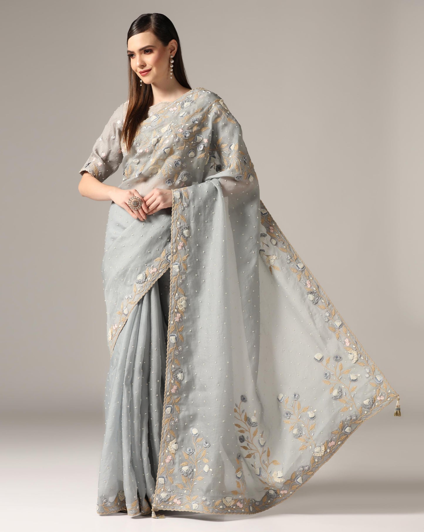 Dull Blue Organza Embroidered Saree Set