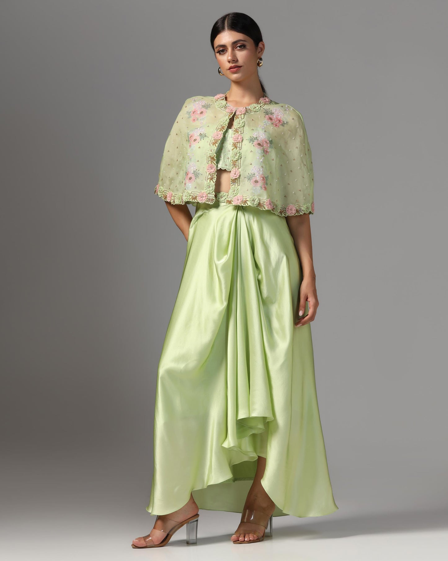 Pistachio Bloom Embroidered Cape Set