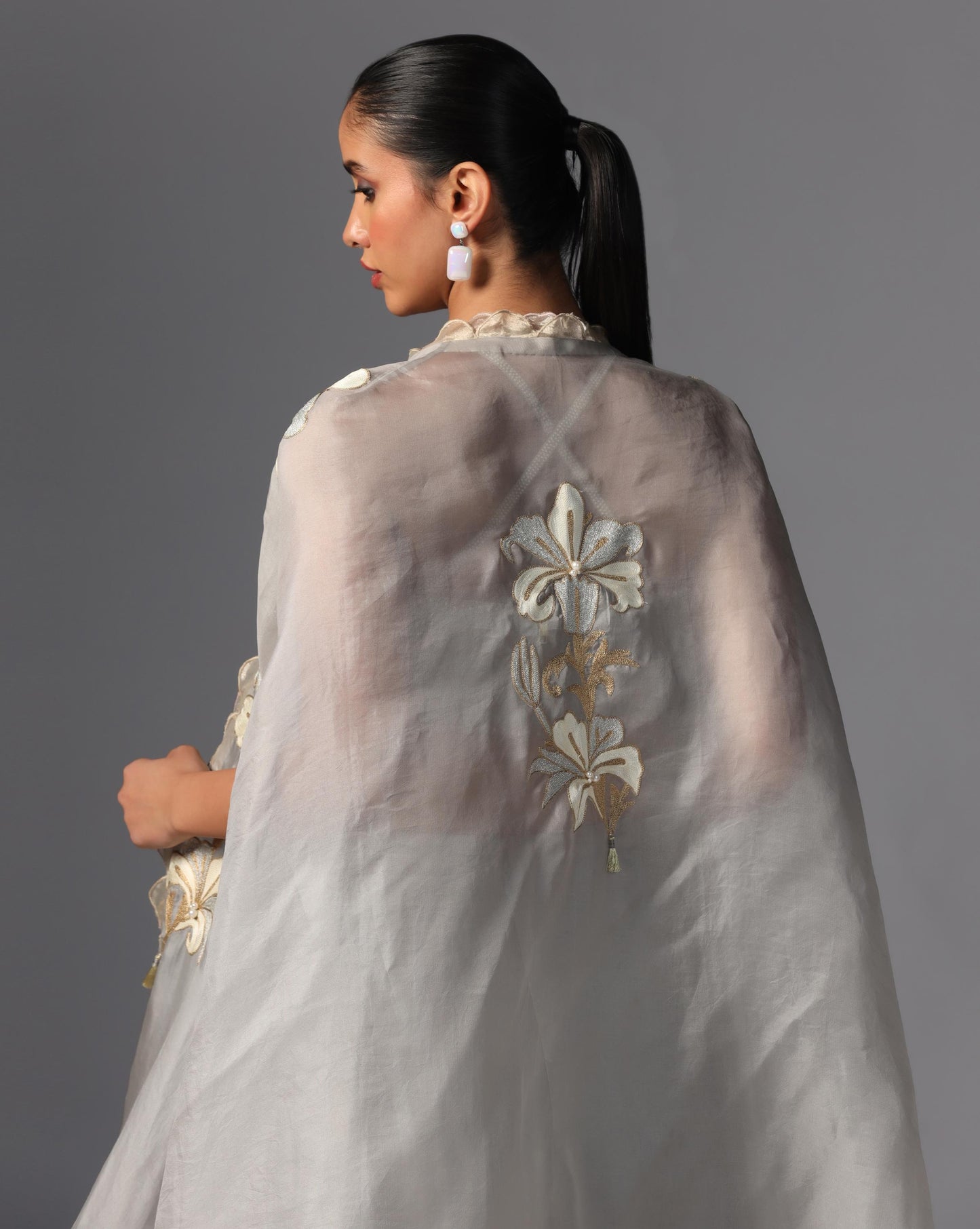 Silver Bloom Embroidered Cape Set