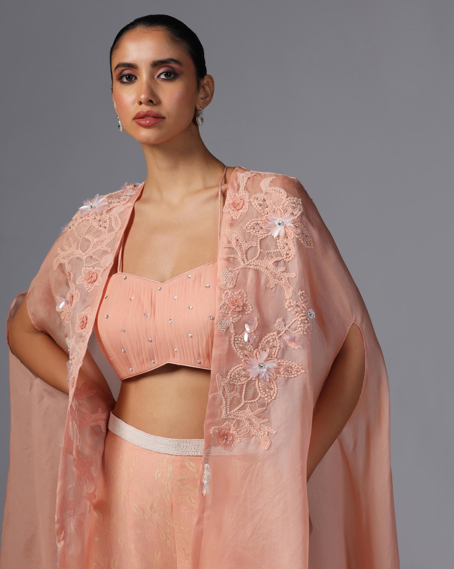 Peach Blossom Embroidered Cape Set