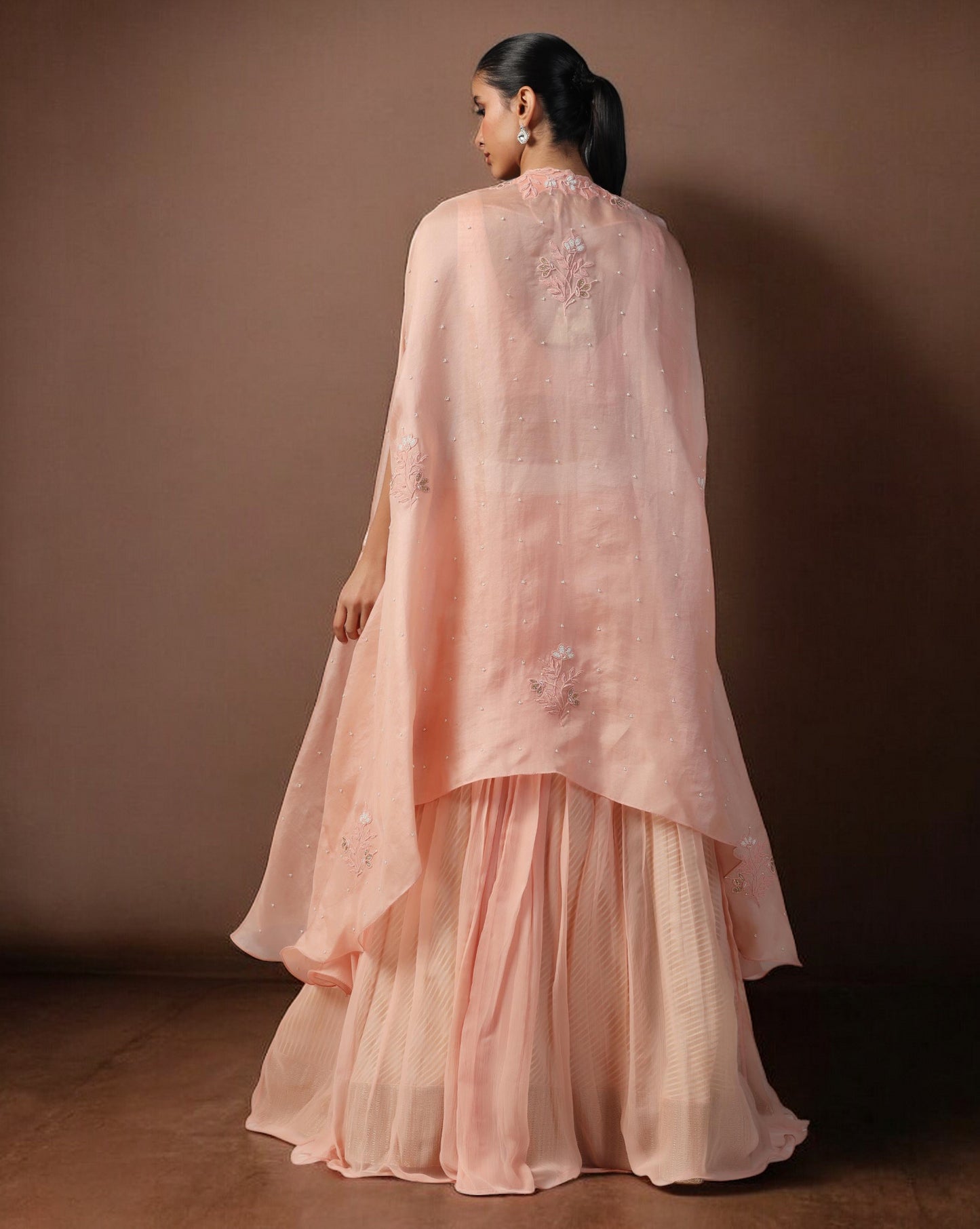 Peach Blossom Embroidered Cape Set