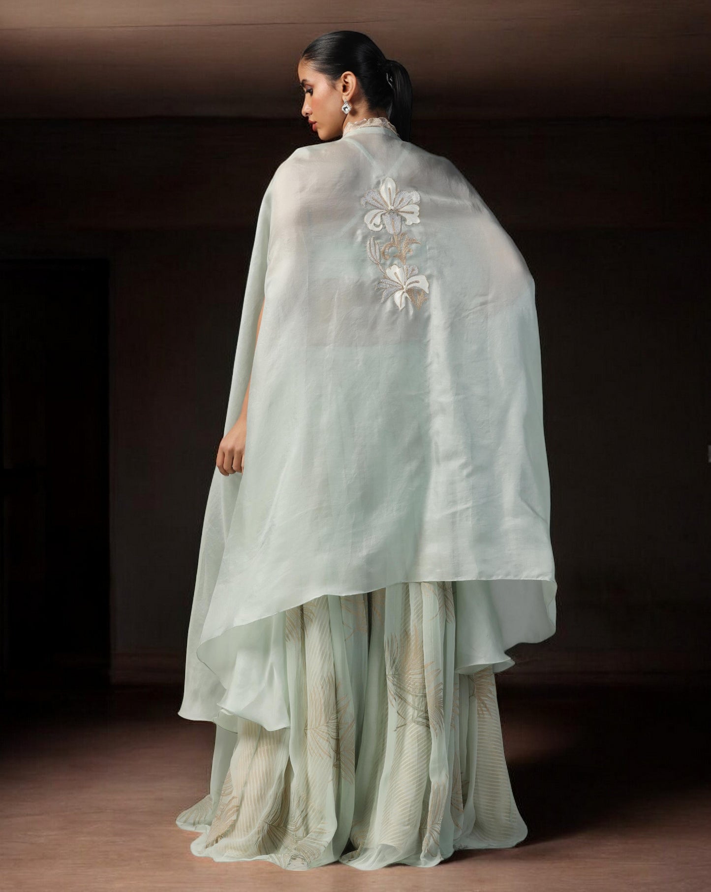 Mint Whisper Embroidered Cape Set