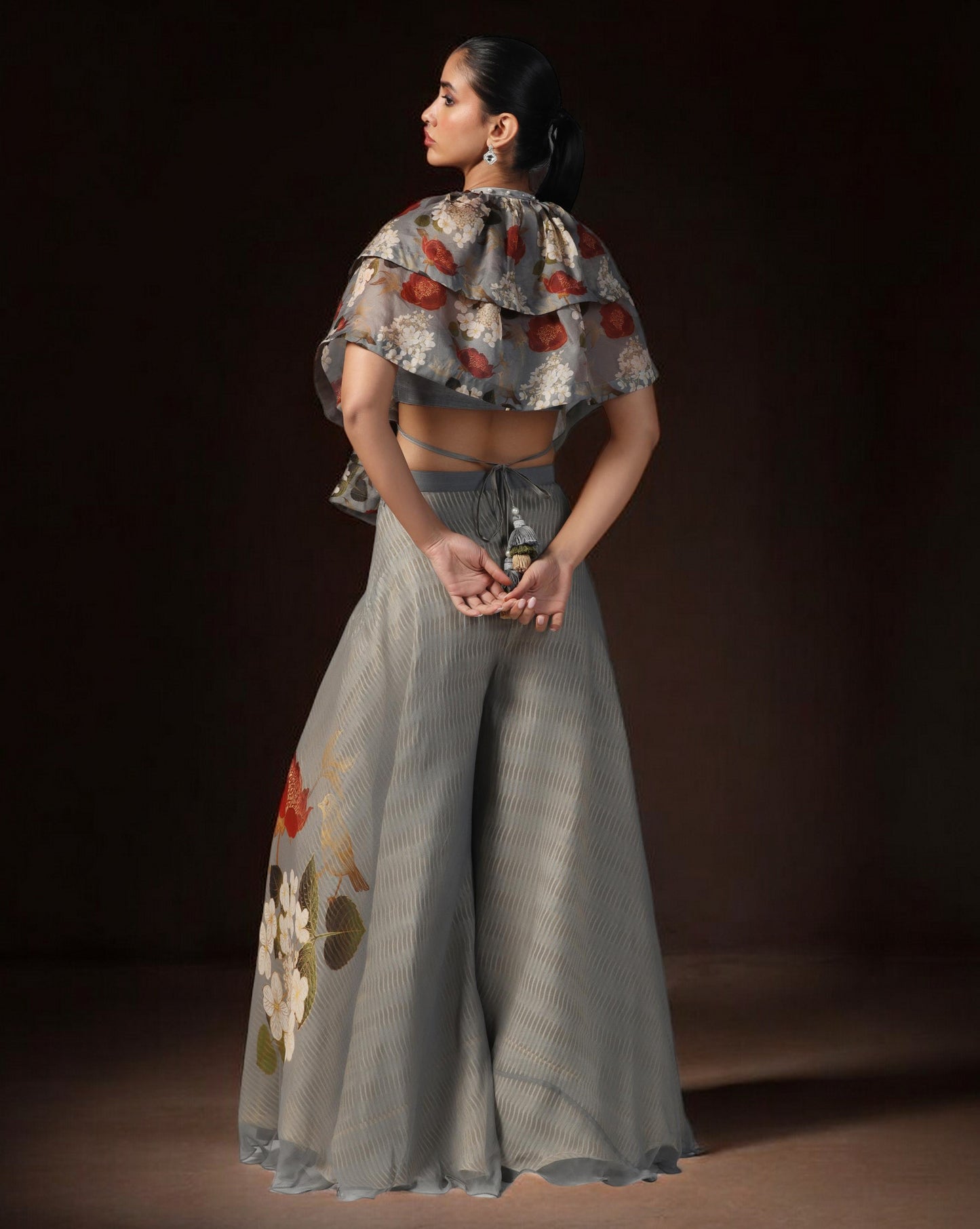 Smoky Bloom Ruffle Top & Embroidered Palazzo Set