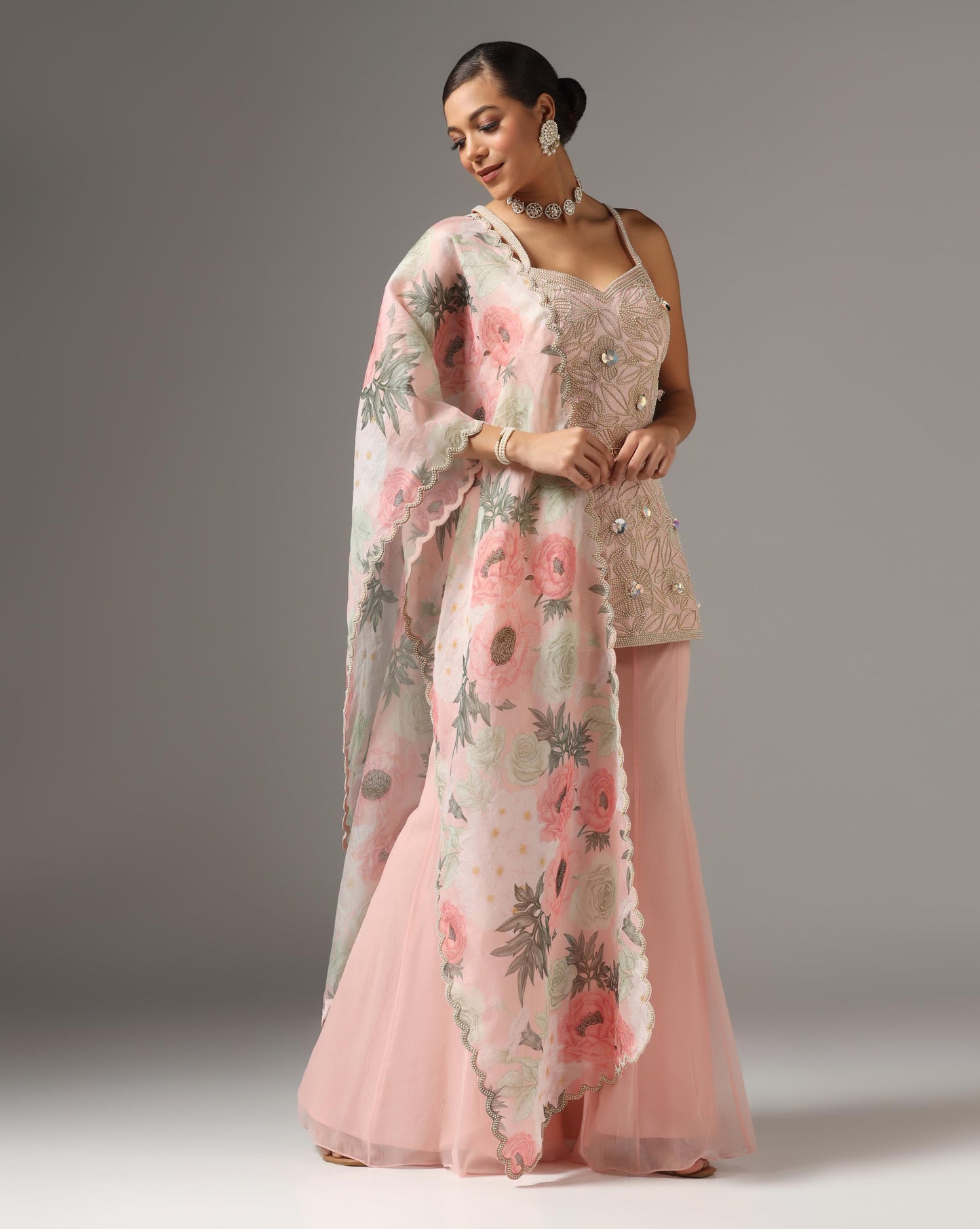 Pink Raw Silk Embroidered Strappy Kurta Set