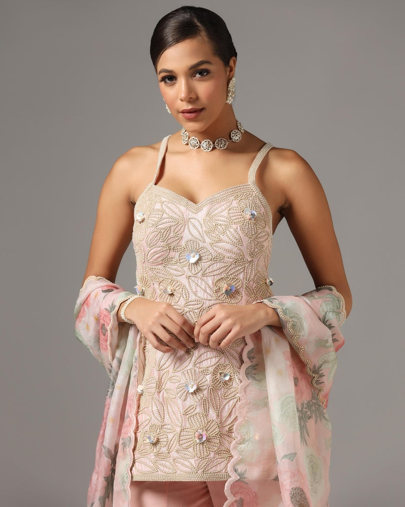 Pink Raw Silk Embroidered Strappy Kurta Set Yashodhara