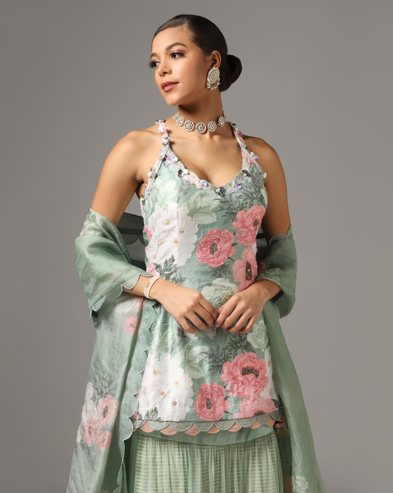 Teal Green Raw Silk Printed Strappy Kurta Set Yashodhara
