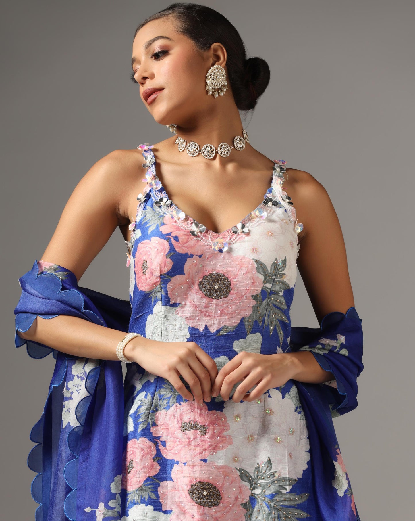 Blue Raw Silk Printed Strappy Kurta Set
