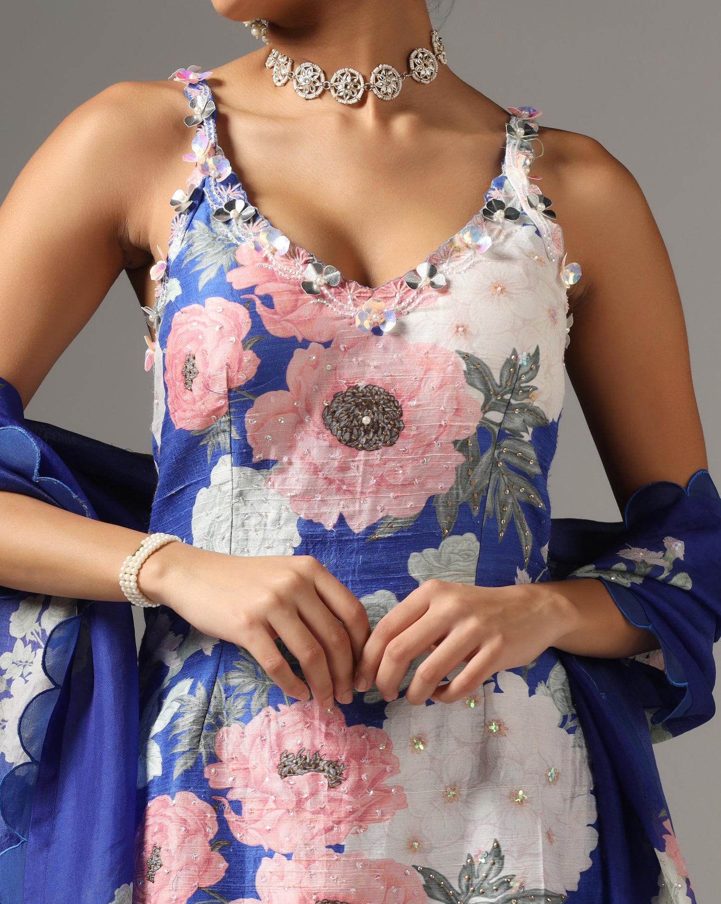 Blue Raw Silk Printed Strappy Kurta Set