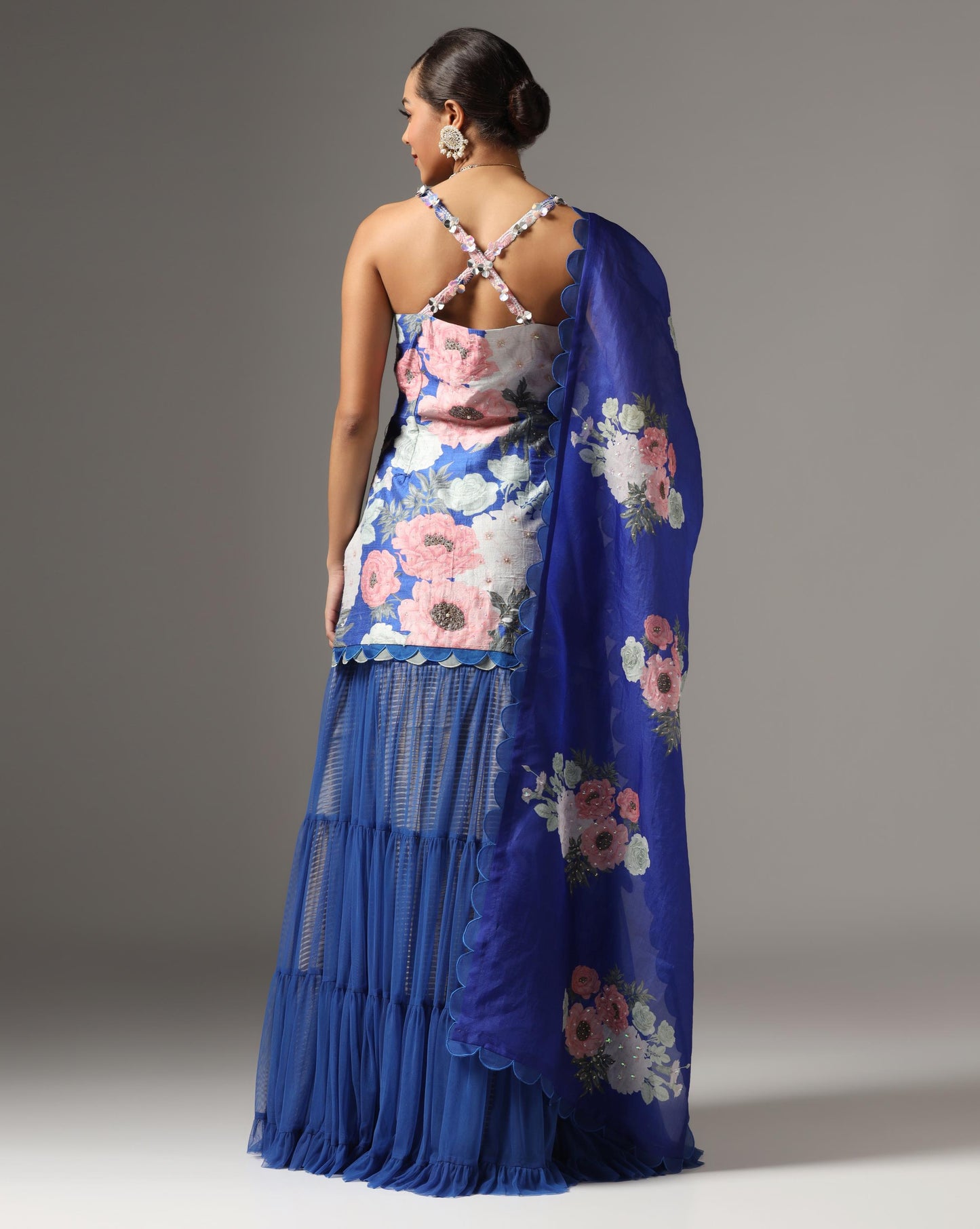 Blue Raw Silk Printed Strappy Kurta Set