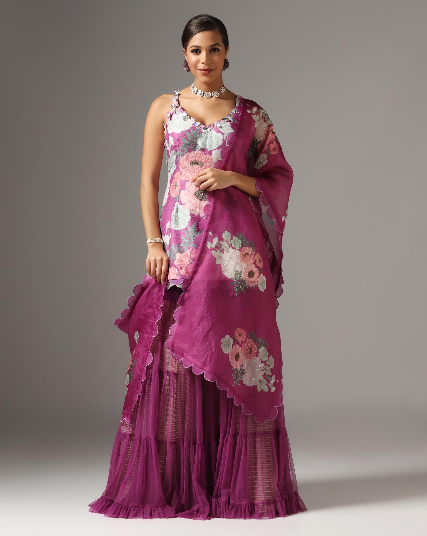 Purple Raw Silk Printed Strappy Kurta Set