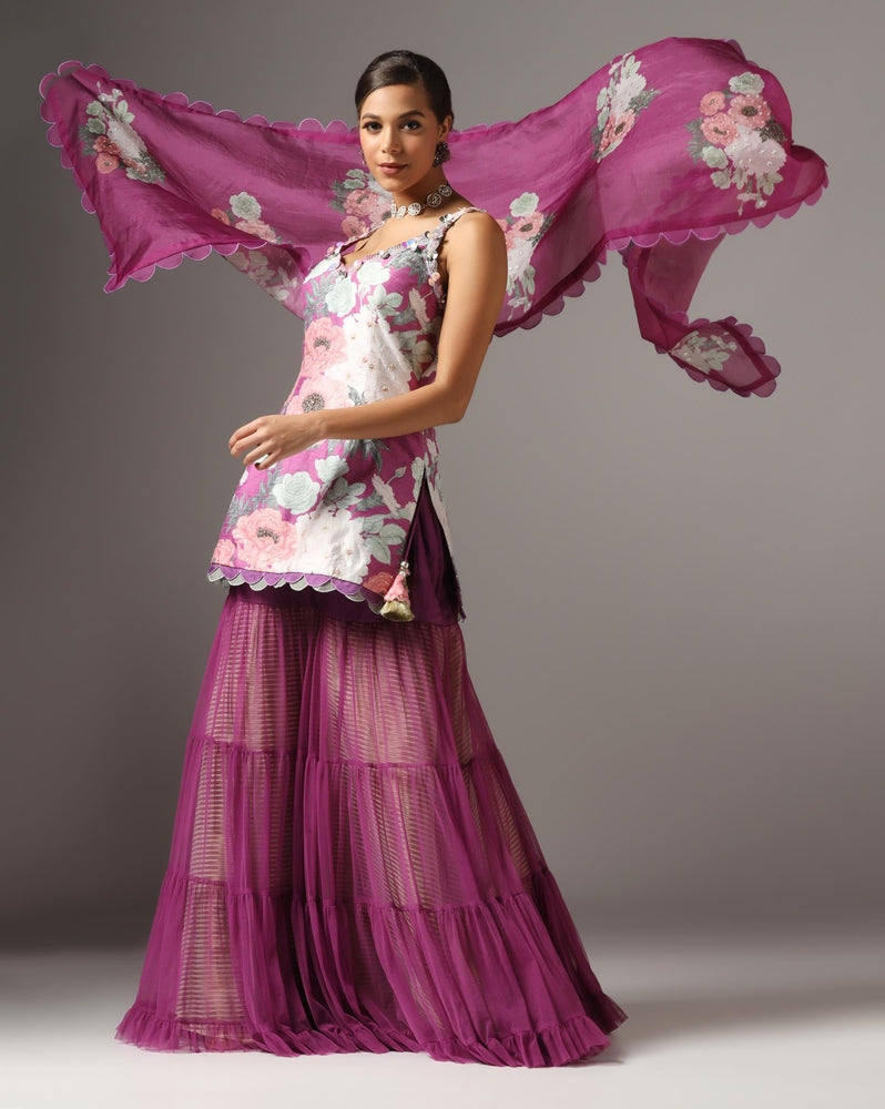 Purple Raw Silk Printed Strappy Kurta Set Yashodhara