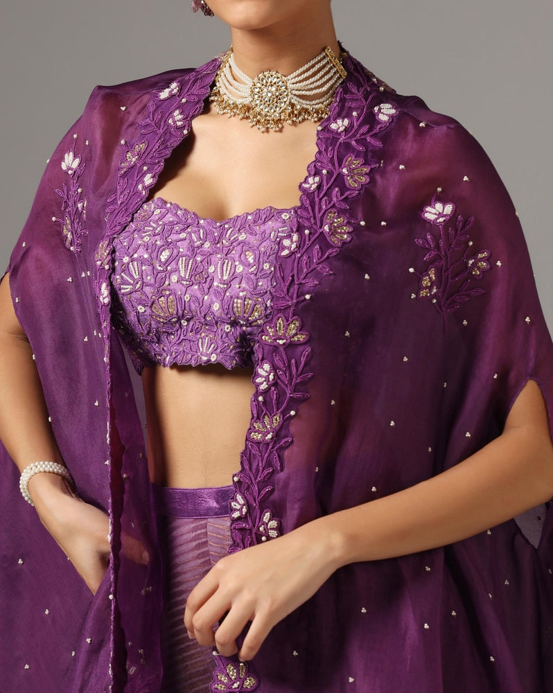 Purple Organza Dori Embroidered Cape Set Yashodhara