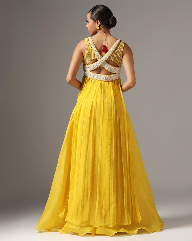 Yellow Organza & Chiffon Embroidered Anarkali Set Yashodhara