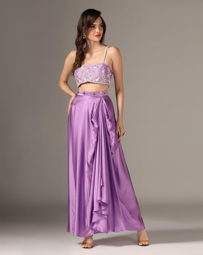 Lilac Raw Silk & Organza Draped Skirt Set
