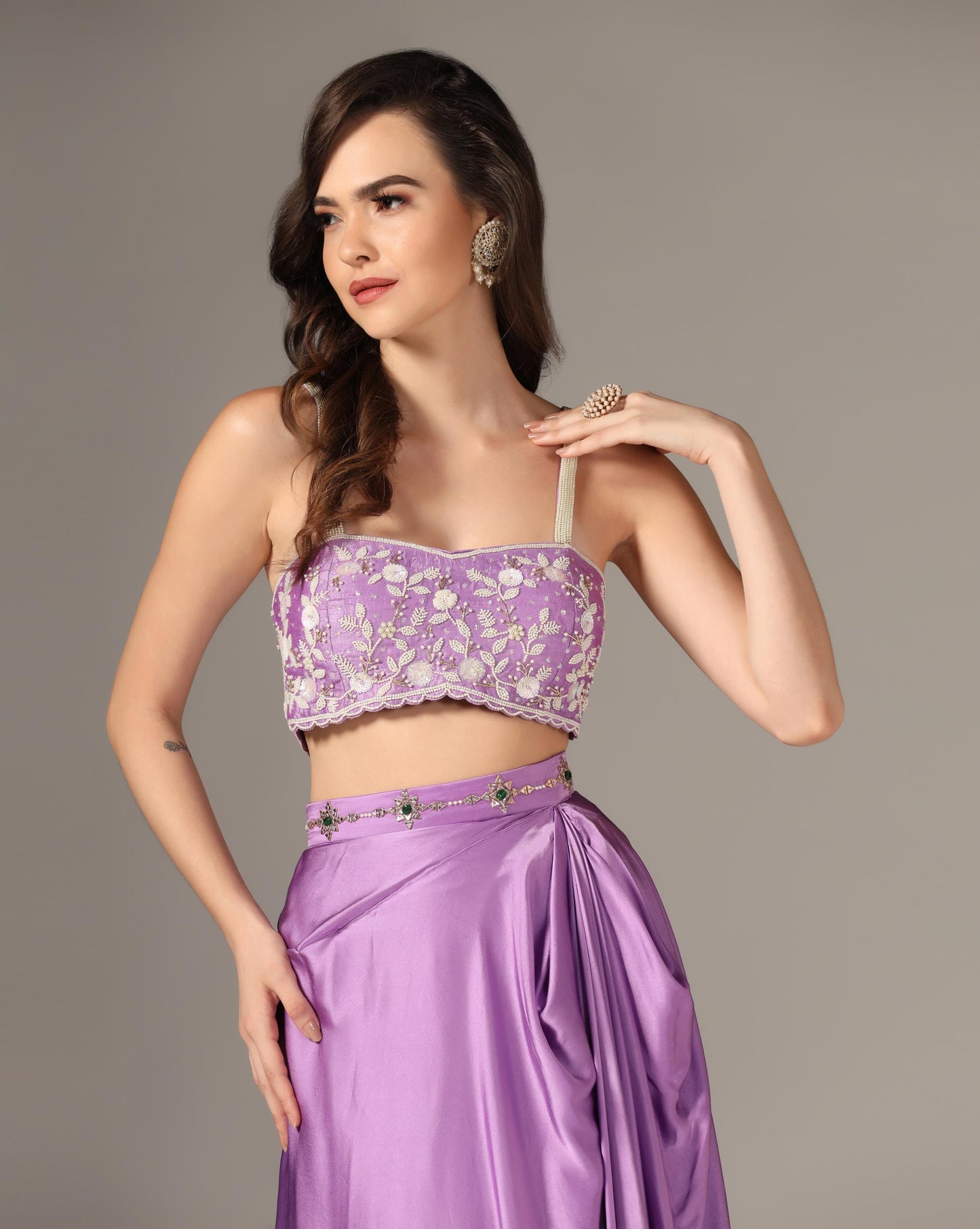 Lilac Raw Silk & Organza Draped Skirt Set