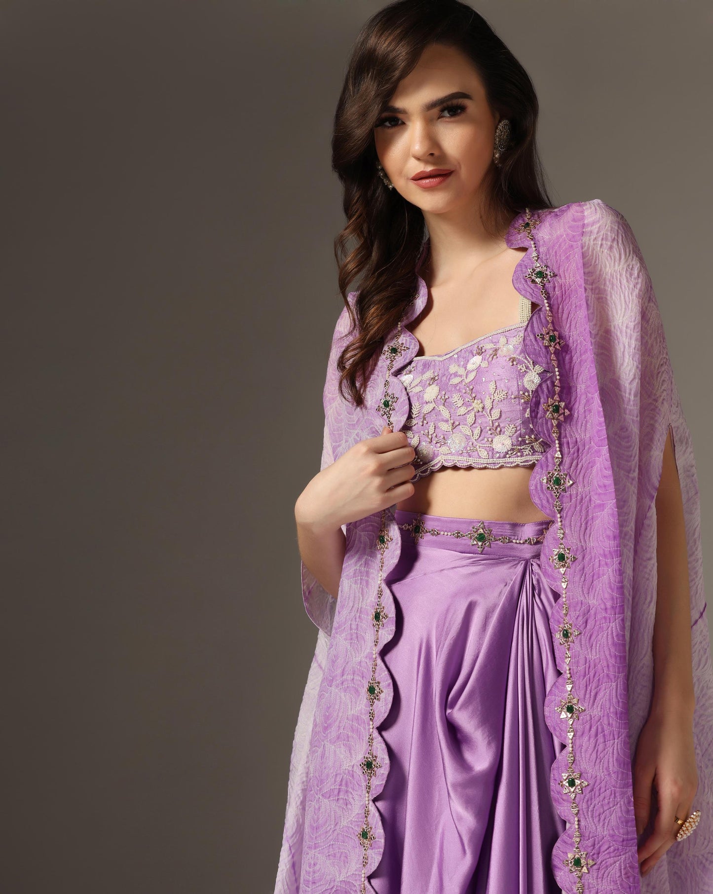 Lilac Raw Silk & Organza Draped Skirt Set
