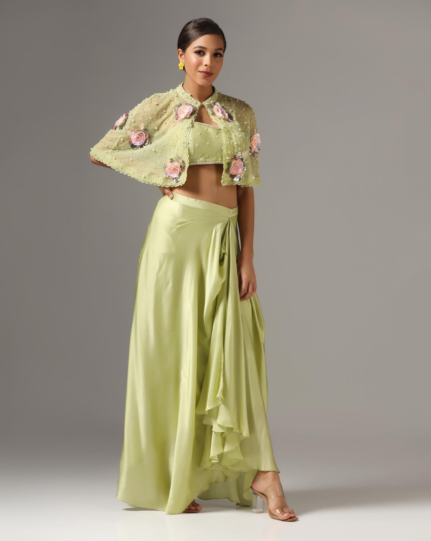 Jade Chamois Satin Draped Skirt Set