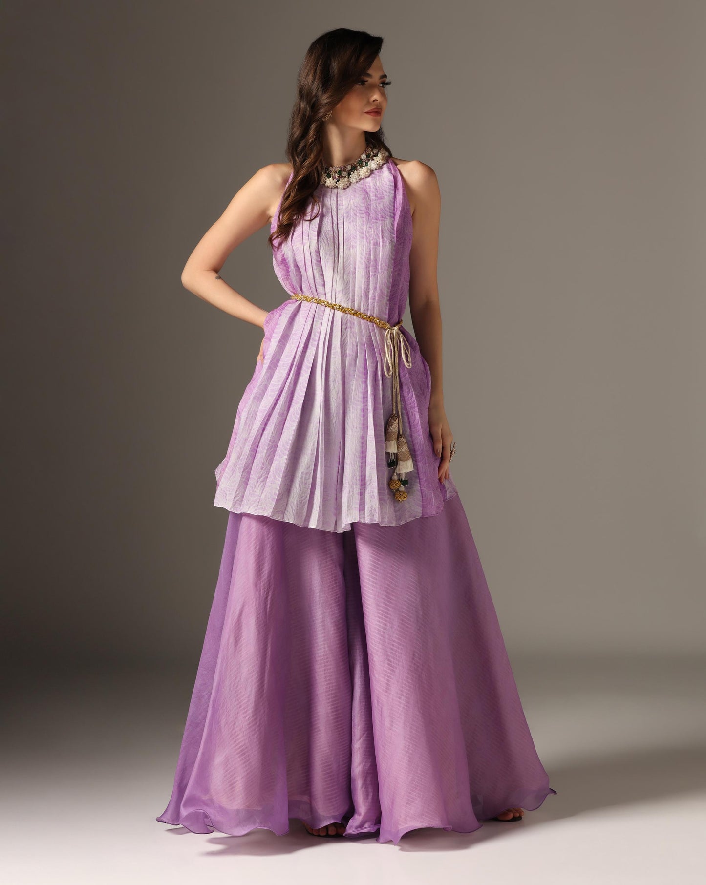 Lilac Organza Embroidered Pleated Kurta Set