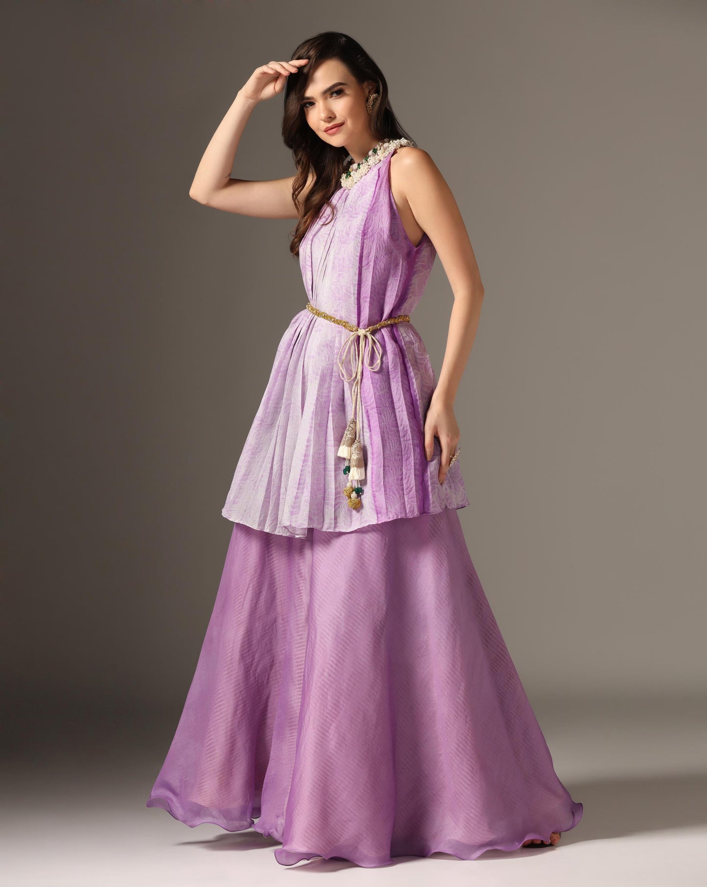 Lilac Organza Embroidered Pleated Kurta Set