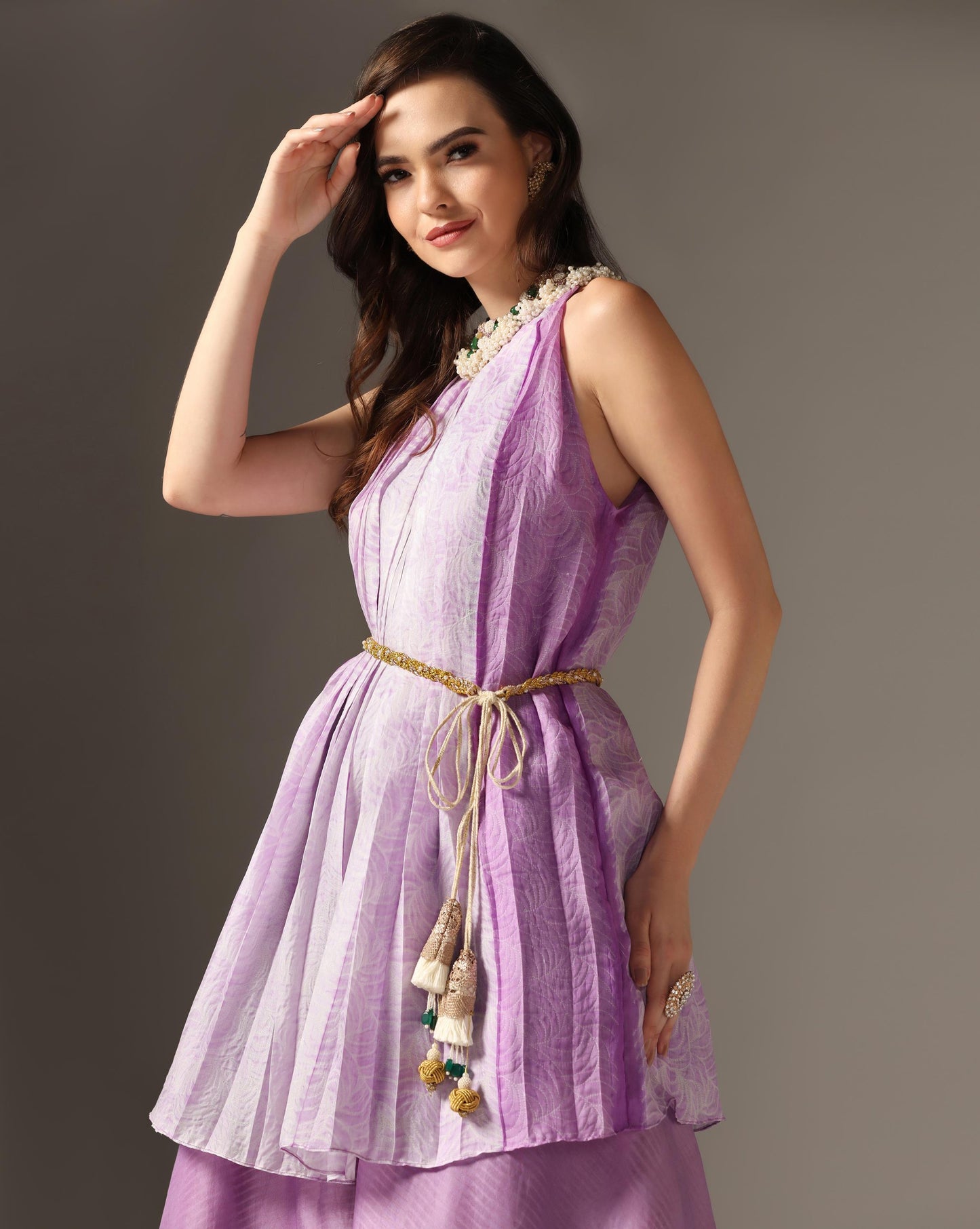 Lilac Organza Embroidered Pleated Kurta Set