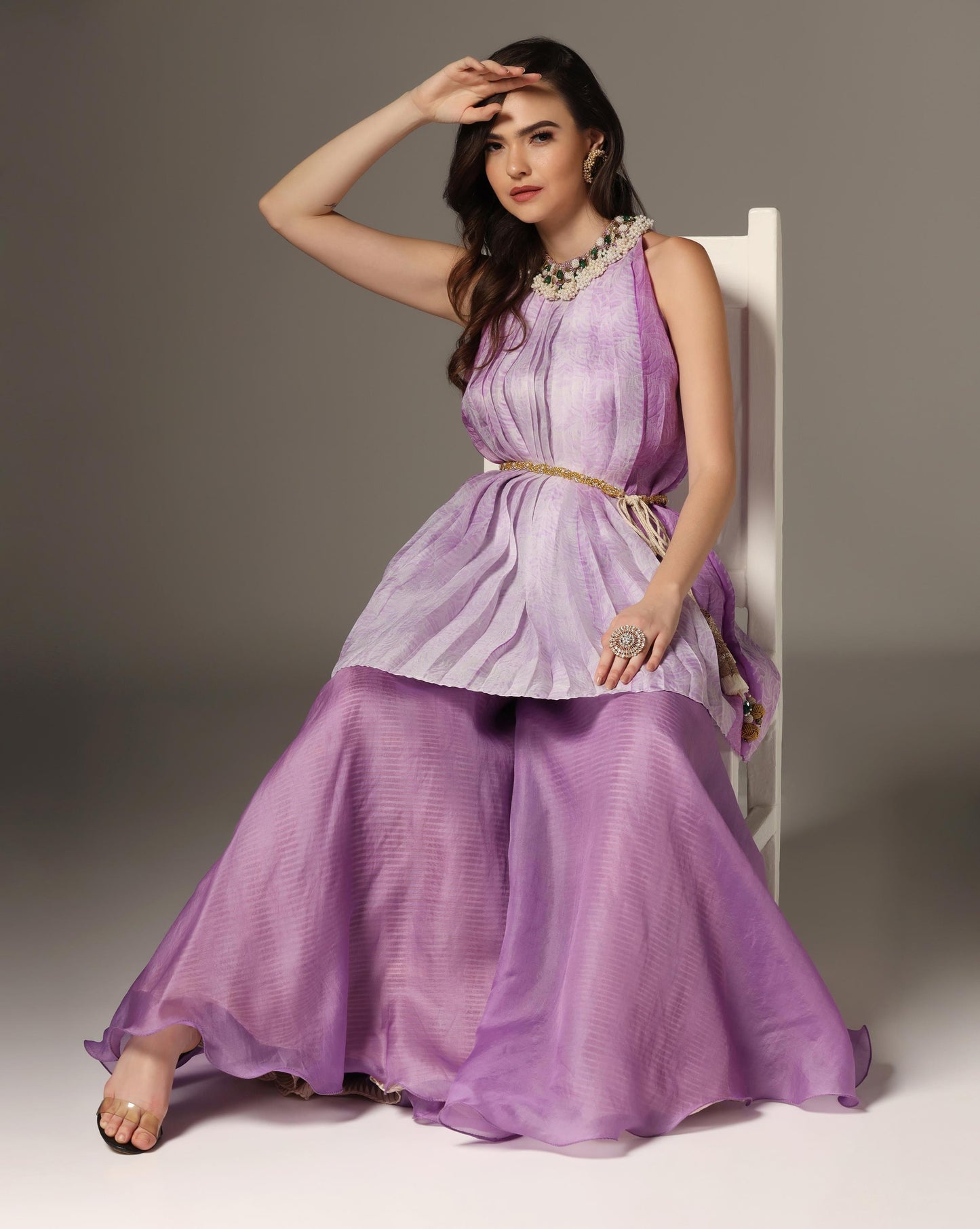 Lilac Organza Embroidered Pleated Kurta Set