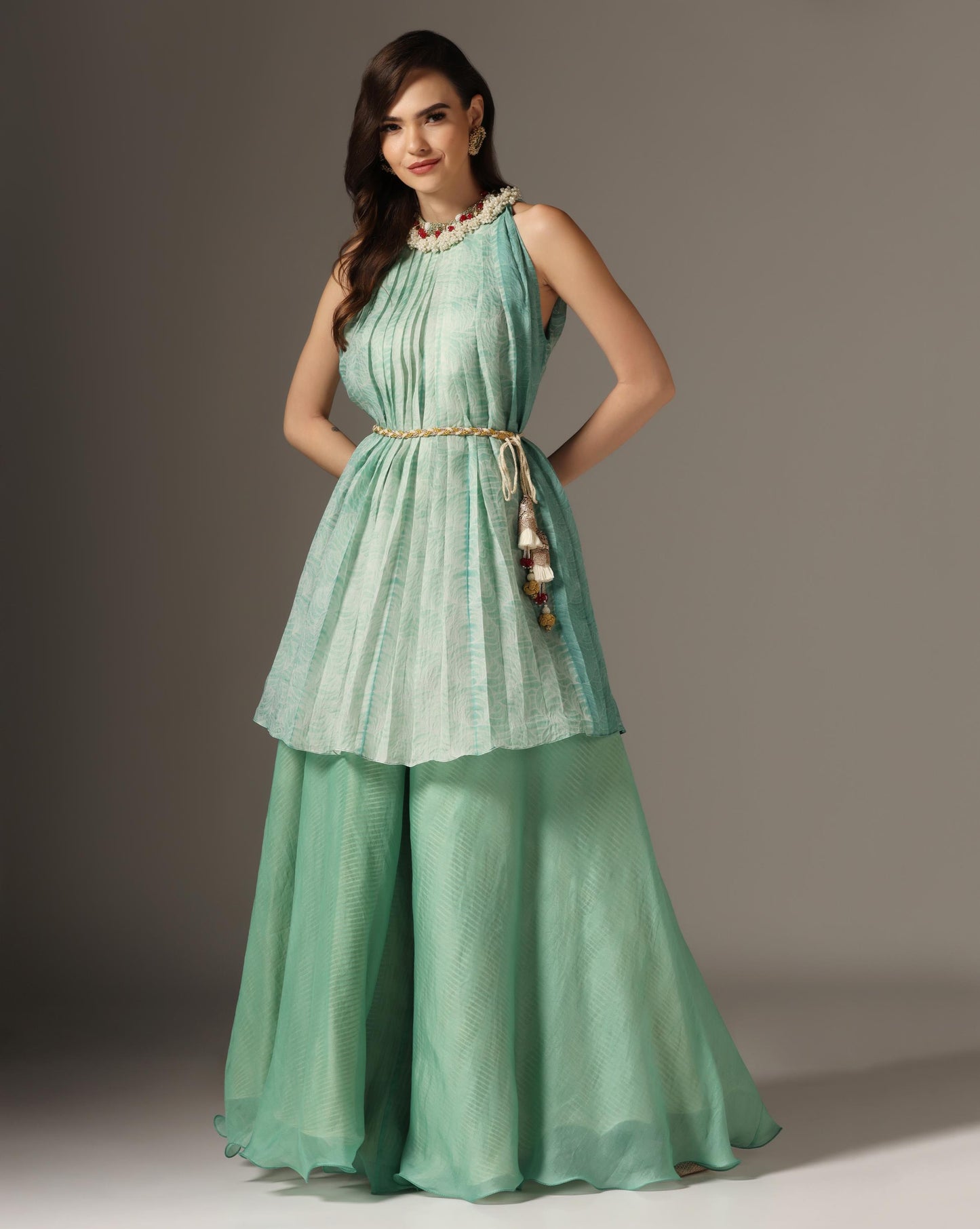 Green Organza Embroidered Pleated Kurta Set