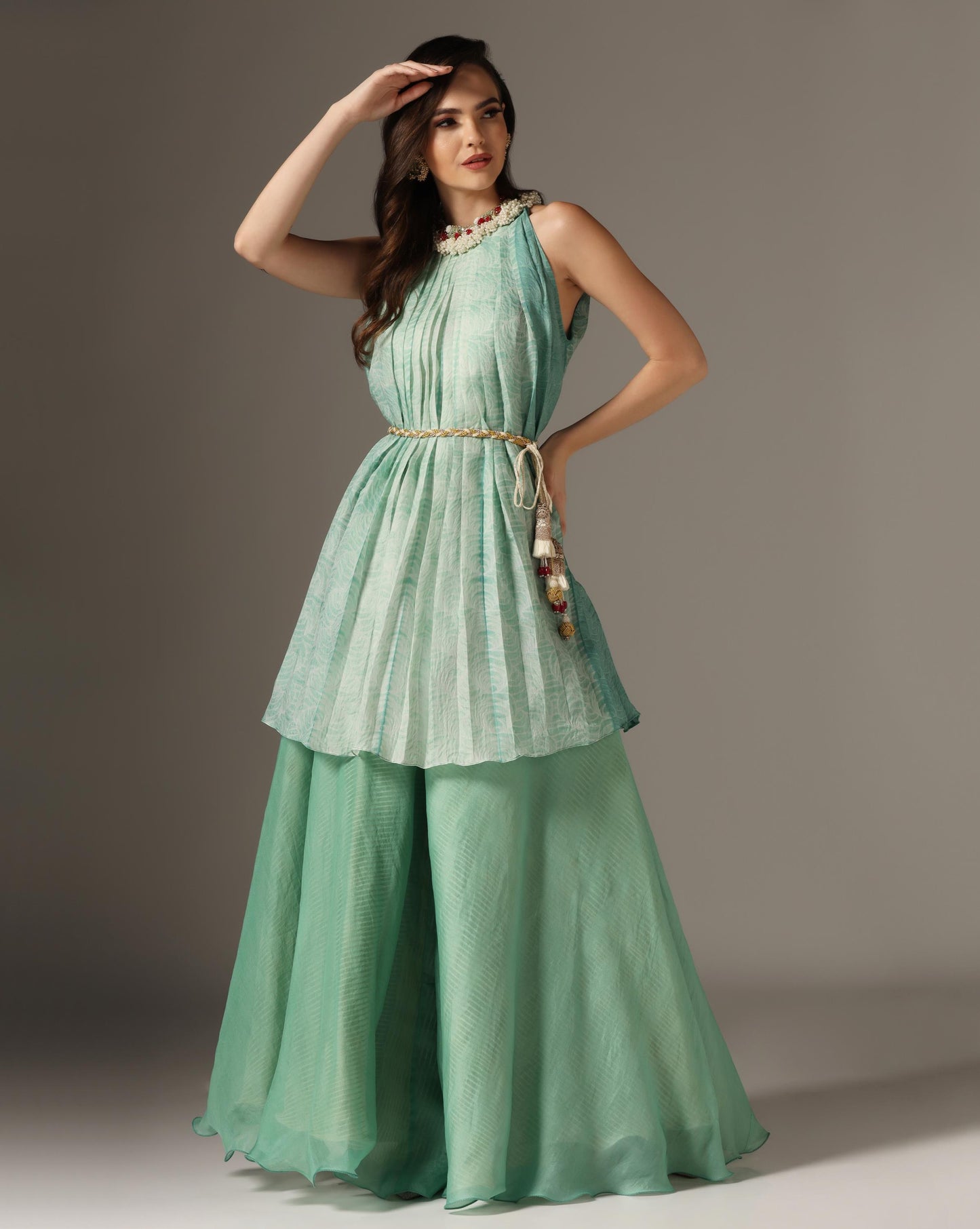 Green Organza Embroidered Pleated Kurta Set