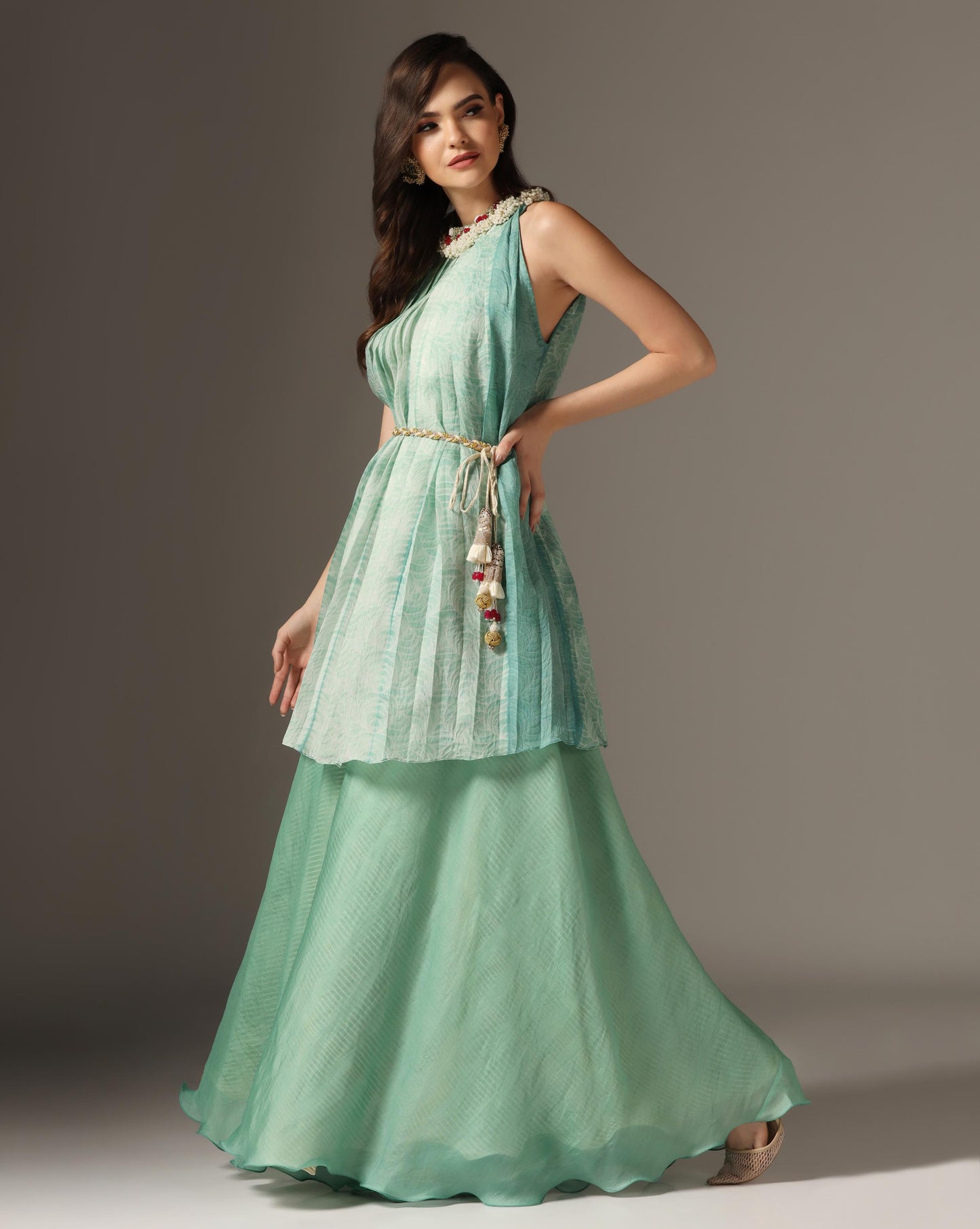 Green Organza Embroidered Pleated Kurta Set