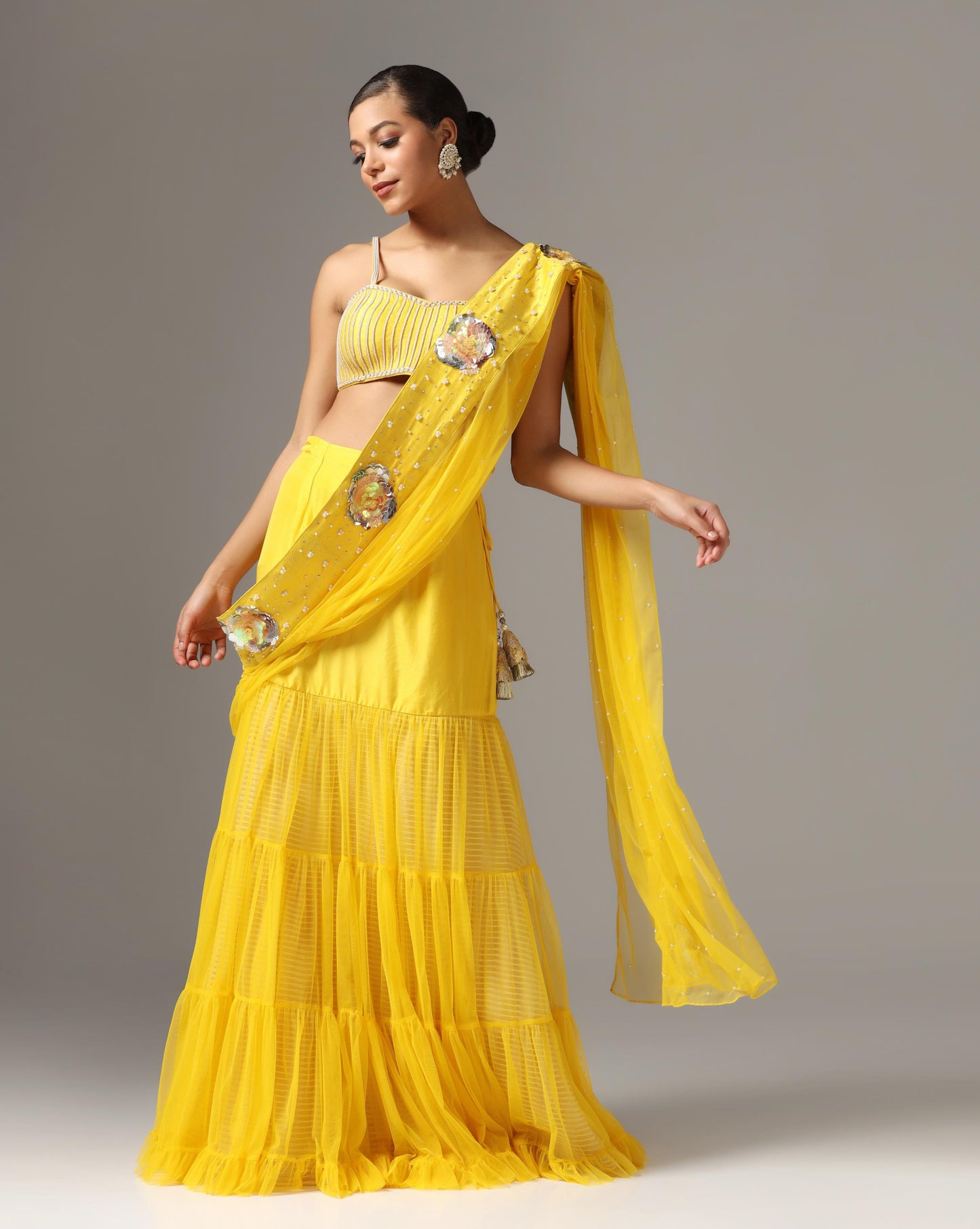 Yellow Organza Printed Cape Set