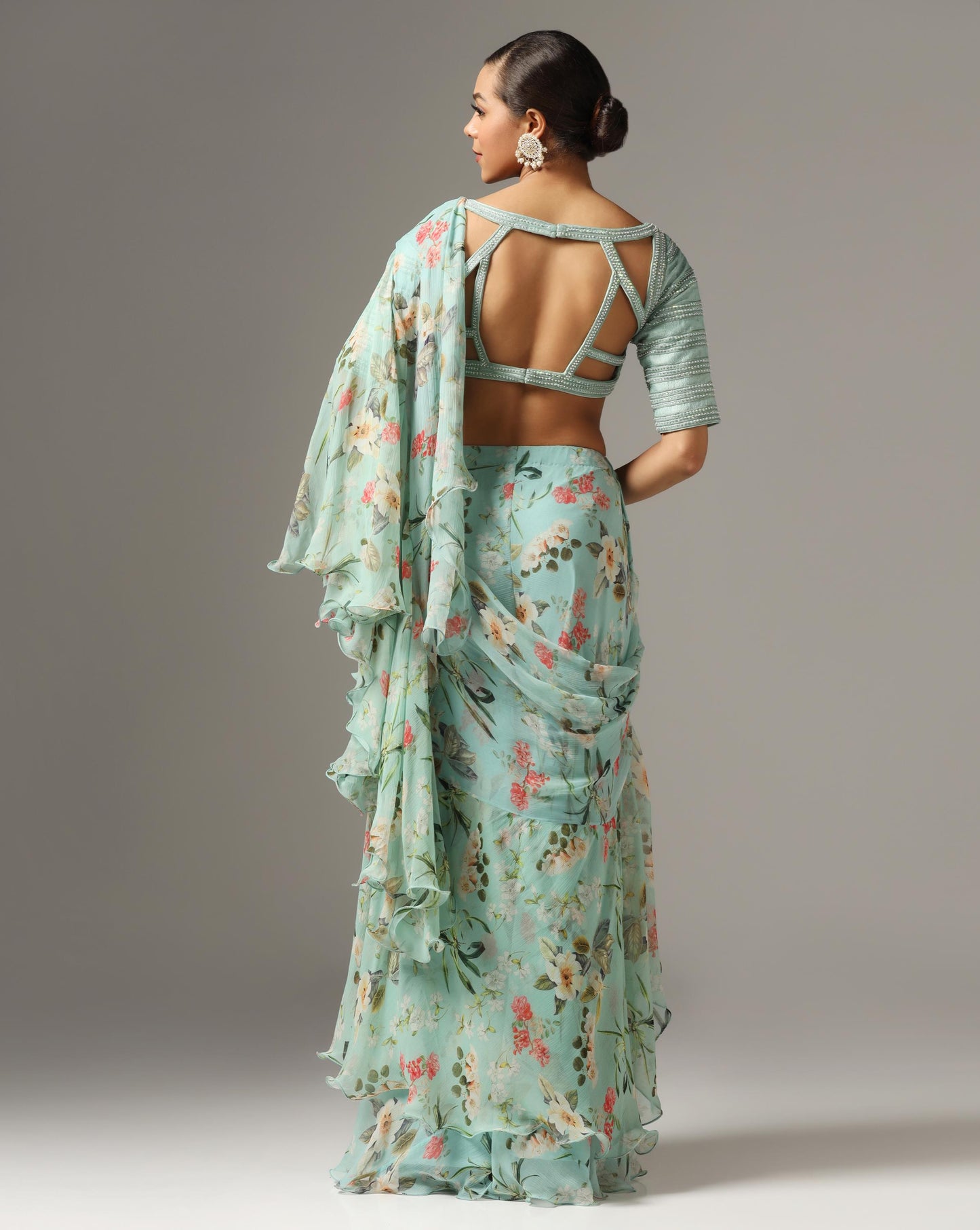 Eco Green Chiffon Printed Pre-Stitched Frilled Saree Set