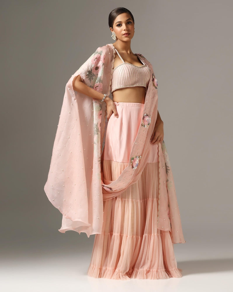 Pink Organza Printed Cape Set Yashodhara
