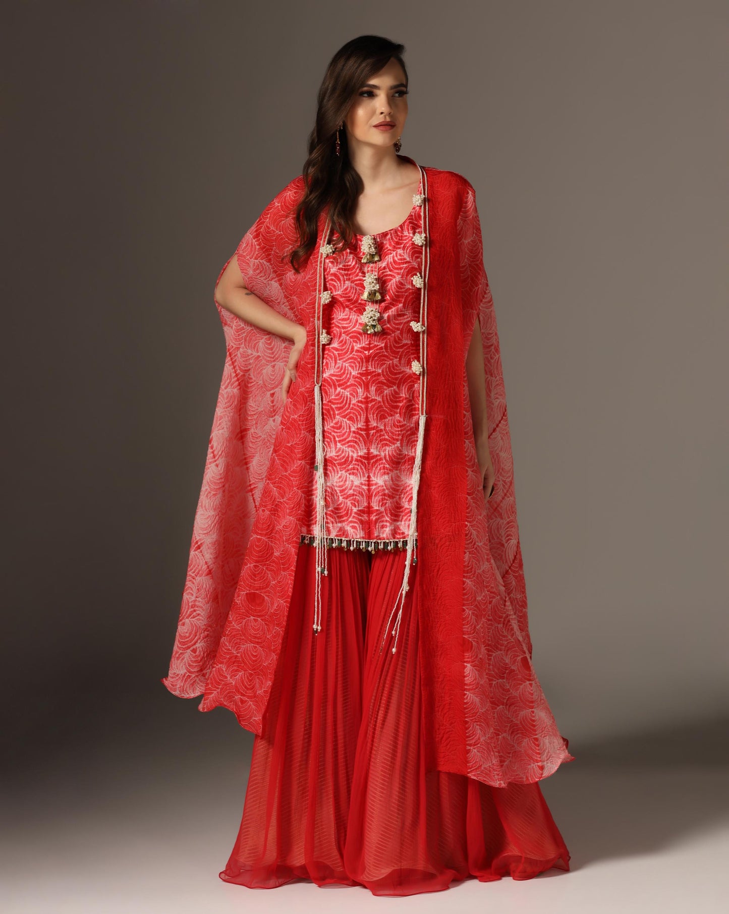 Red Organza & Chiffon Embroidered Kurta Set