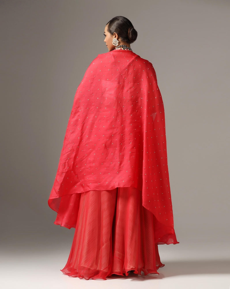 Red Organza Embroidered Cape Set Yashodhara