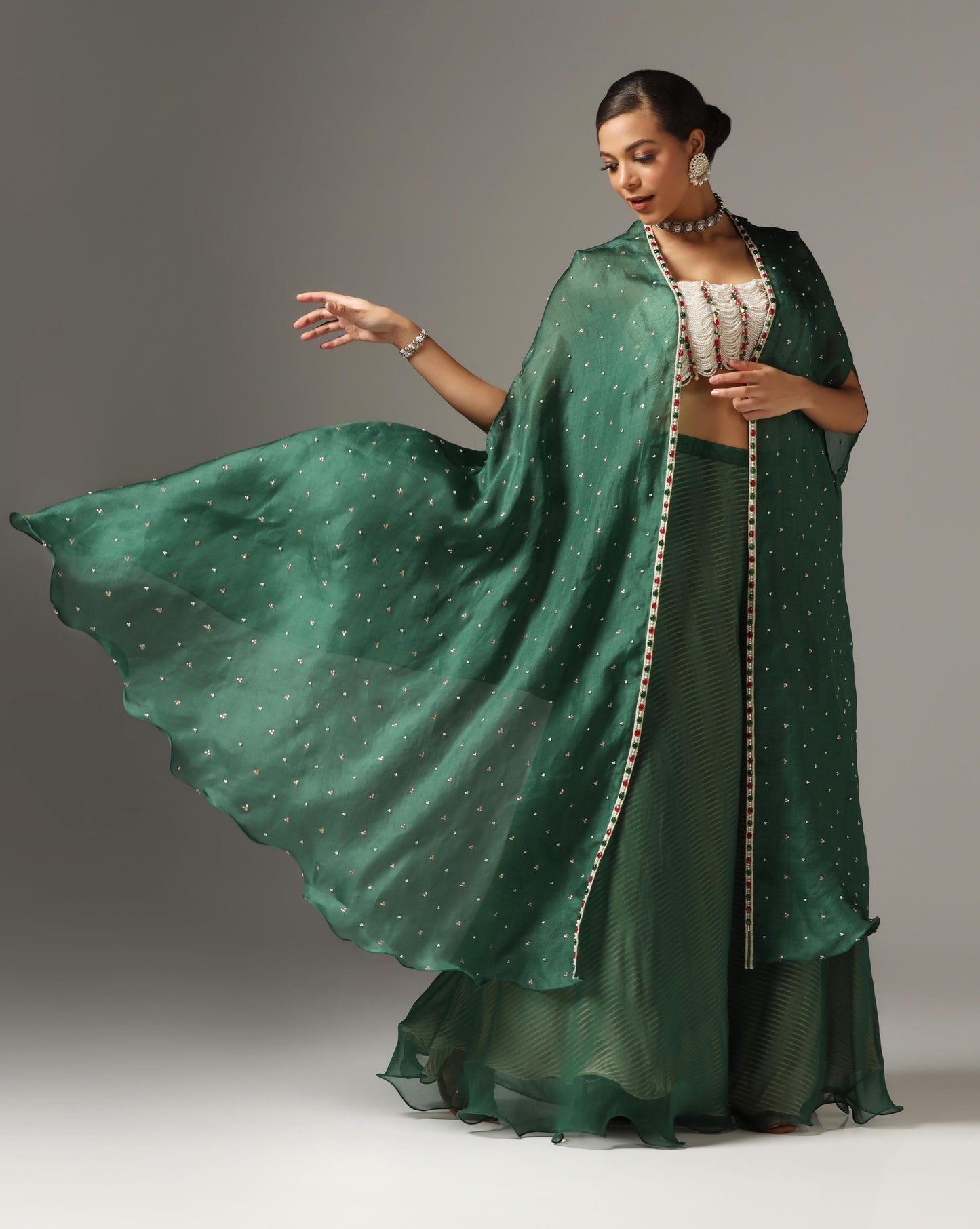 Dark Green Organza Embroidered Cape Set