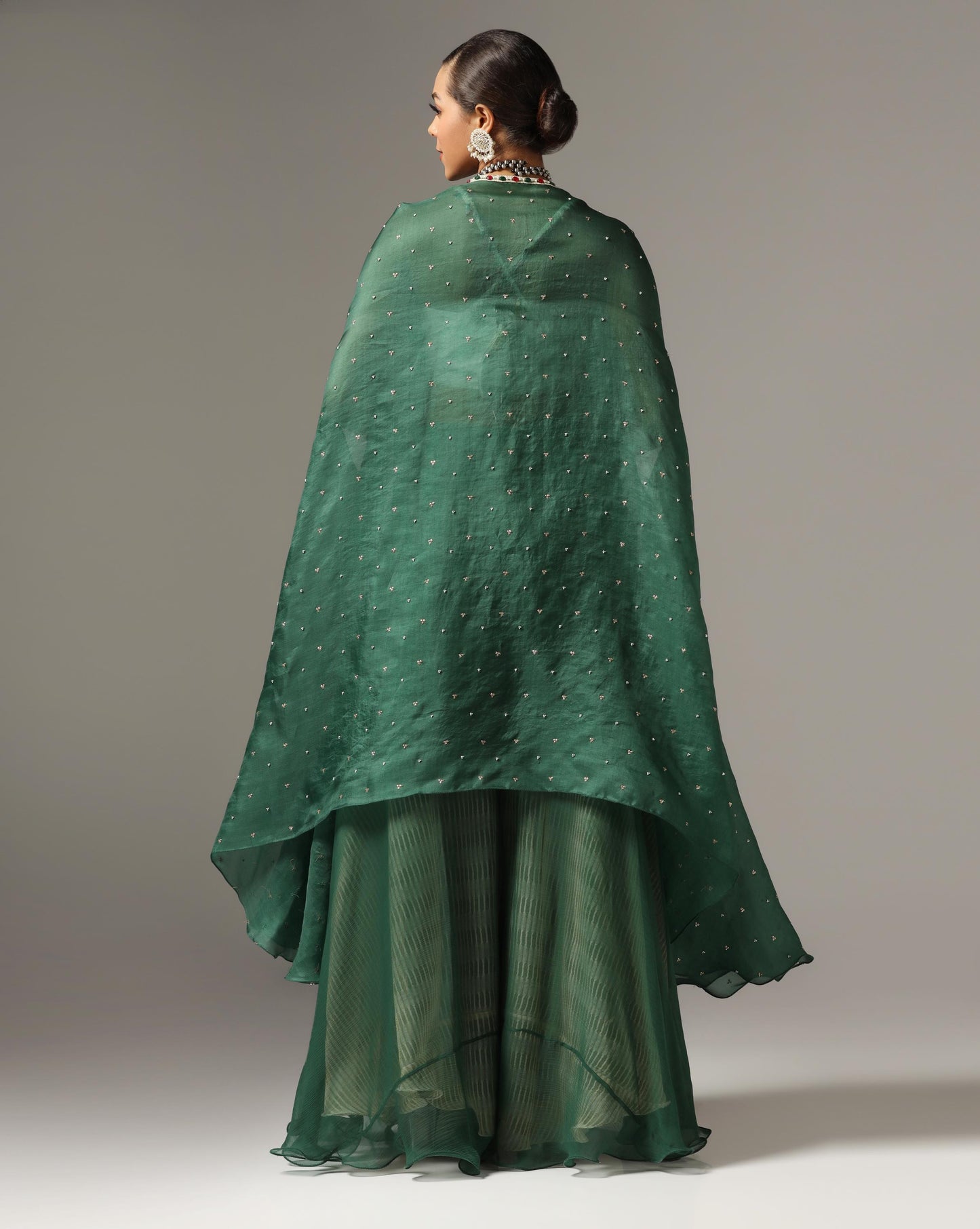 Dark Green Organza Embroidered Cape Set