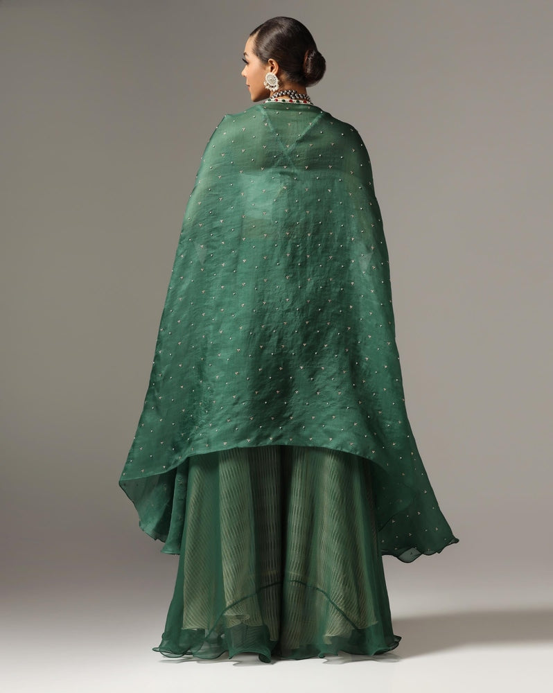 Dark Green Organza Embroidered Cape Set Yashodhara