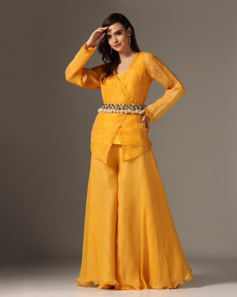 Yellow Organza & Raw Silk Embroidered Jacket Set Yashodhara