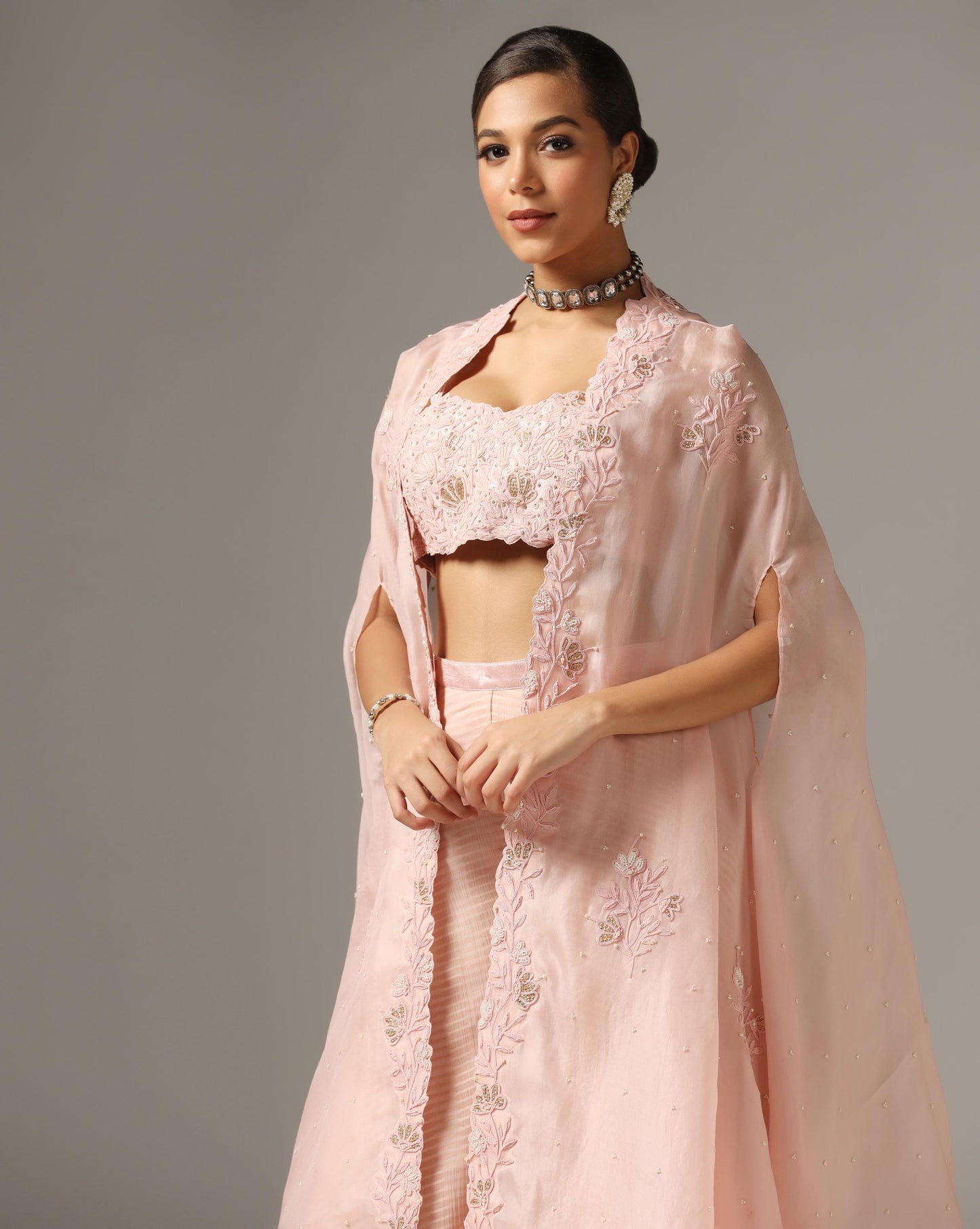 Pink Organza Dori Embroidered Cape Set