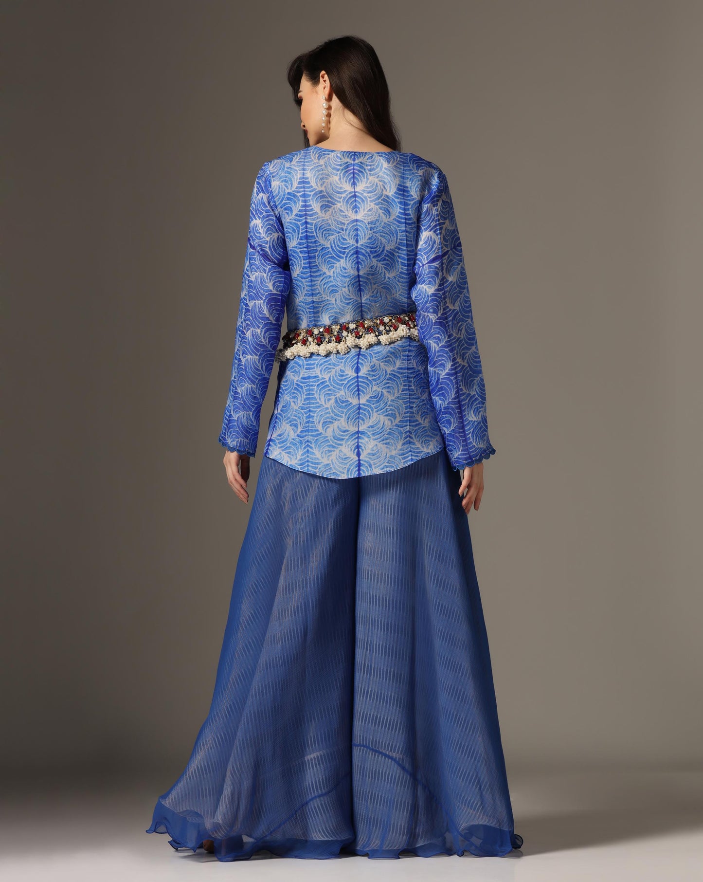 Blue Organza & Raw Silk Embroidered Jacket Set