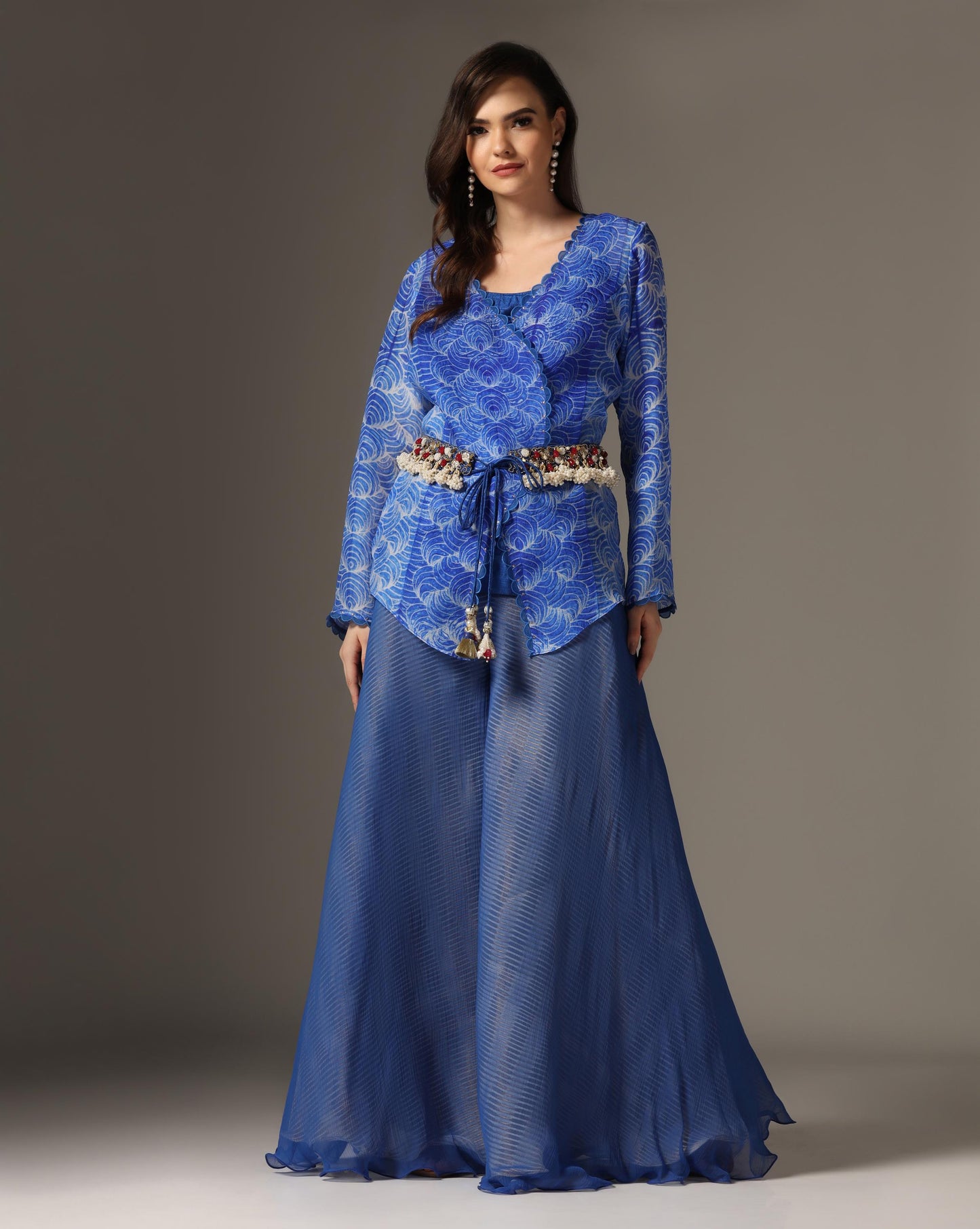 Blue Organza & Raw Silk Embroidered Jacket Set