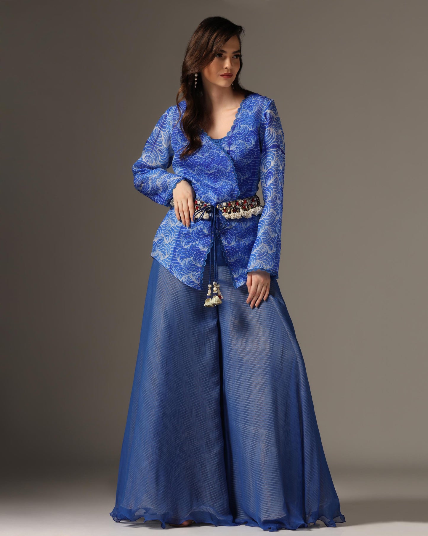 Blue Organza & Raw Silk Embroidered Jacket Set