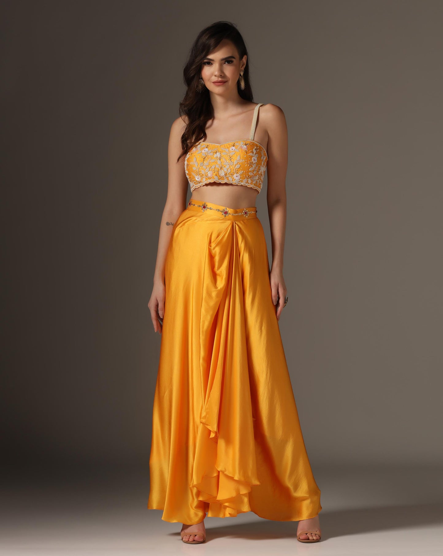 Yellow Raw Silk & Organza Draped Skirt Set