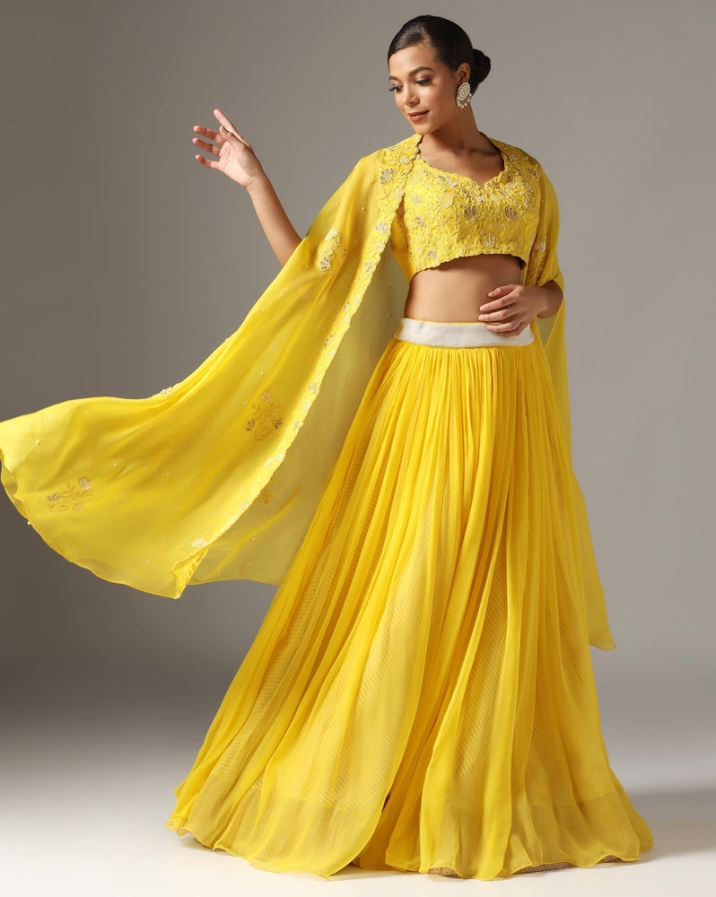 Yellow Organza & Raw Silk Dori Embroidered Jacket Lehenga Set Yashodhara