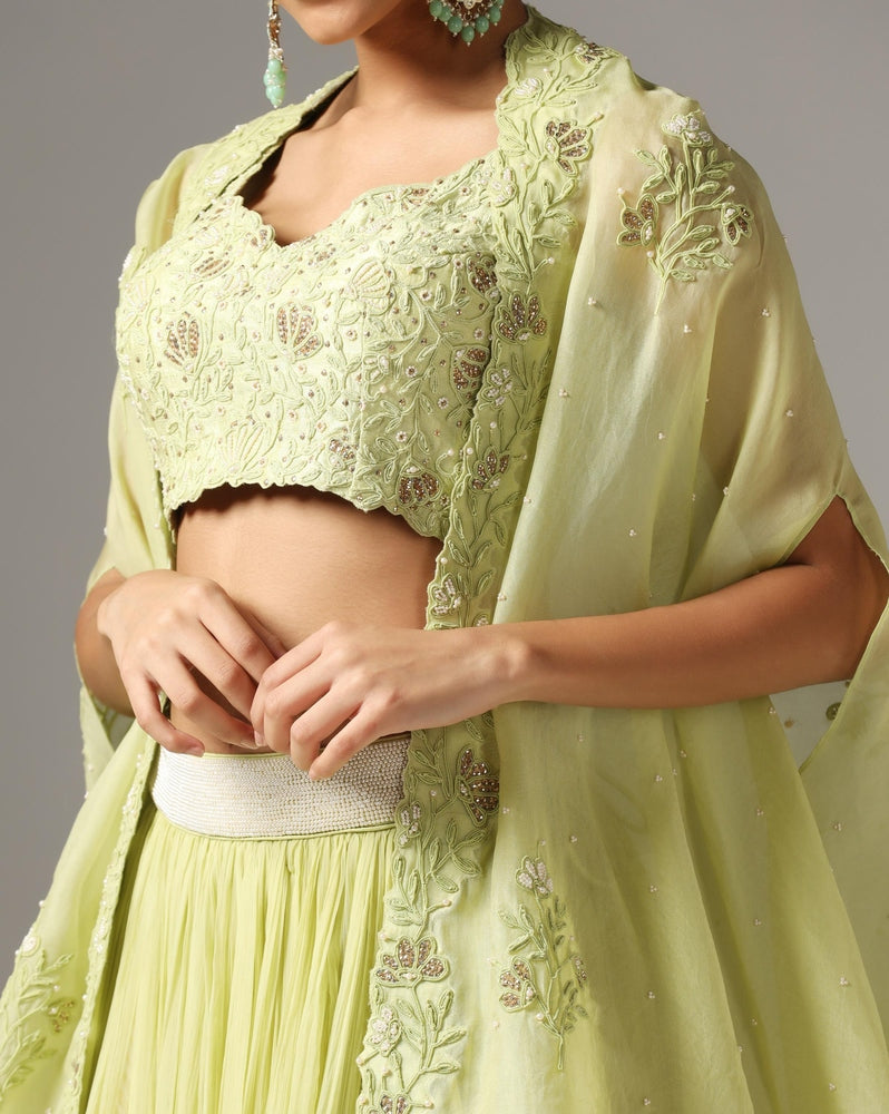 Green Organza & Raw Silk Dori Embroidered Jacket Lehenga Set Yashodhara