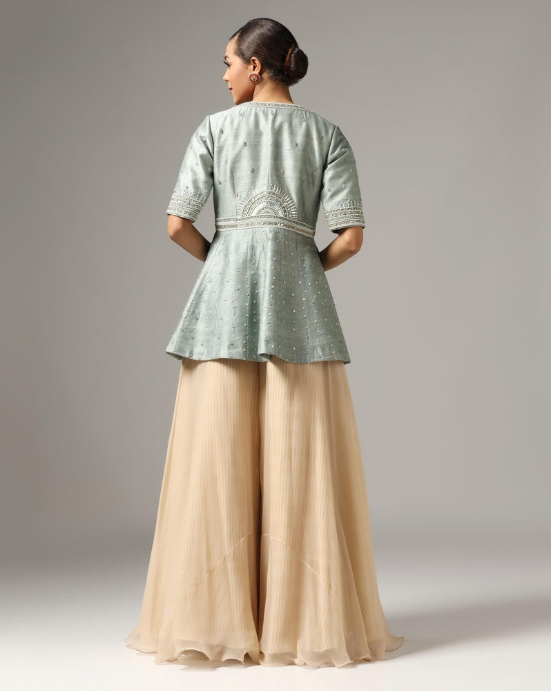 Teal Raw Silk Embroidered Jacket Set Yashodhara