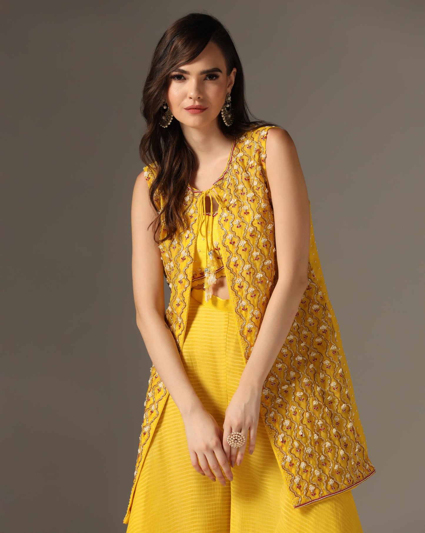 Yellow Organza & Raw Silk Embroidered Jacket Set