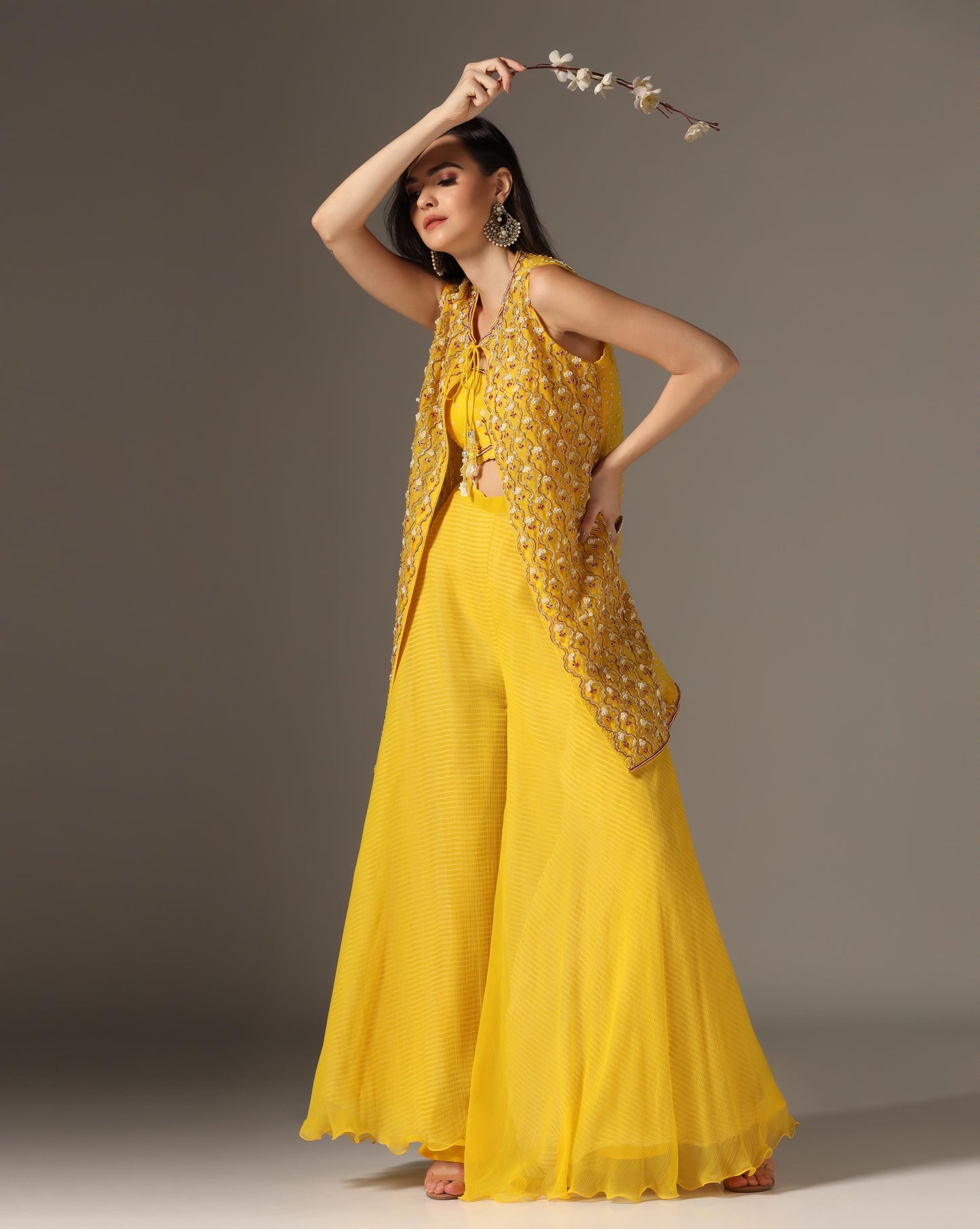 Yellow Organza & Raw Silk Embroidered Jacket Set
