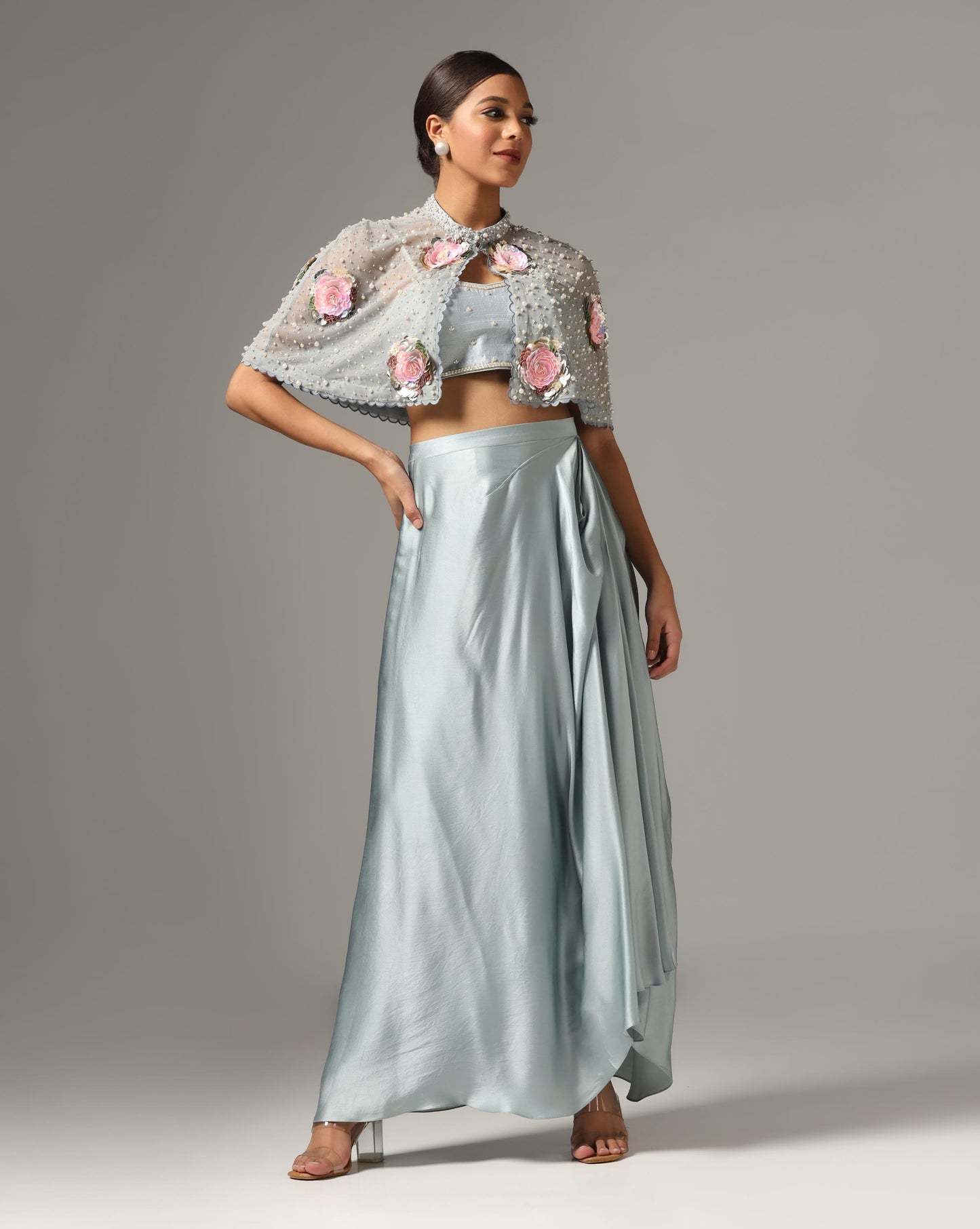 Dull Blue Chamois Satin Draped Skirt Set