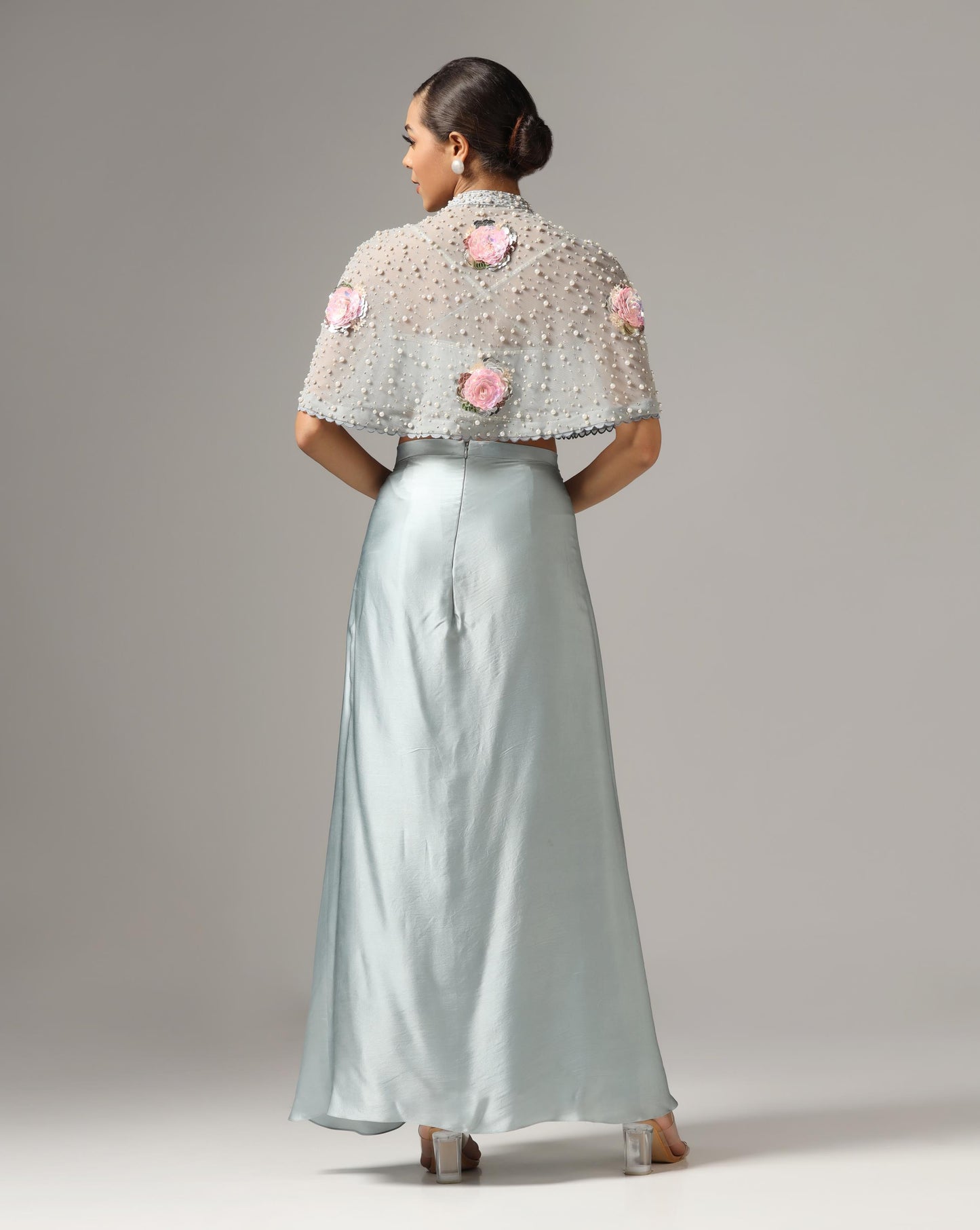 Dull Blue Chamois Satin Draped Skirt Set