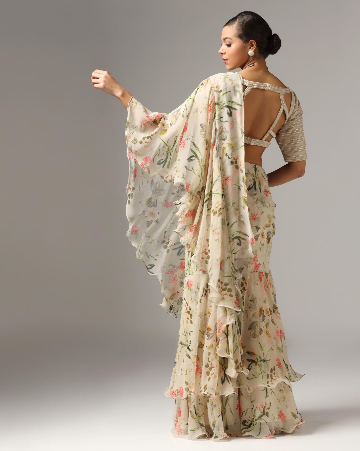 Grey Chiffon Printed Pre-Stitched Frilled Saree Set